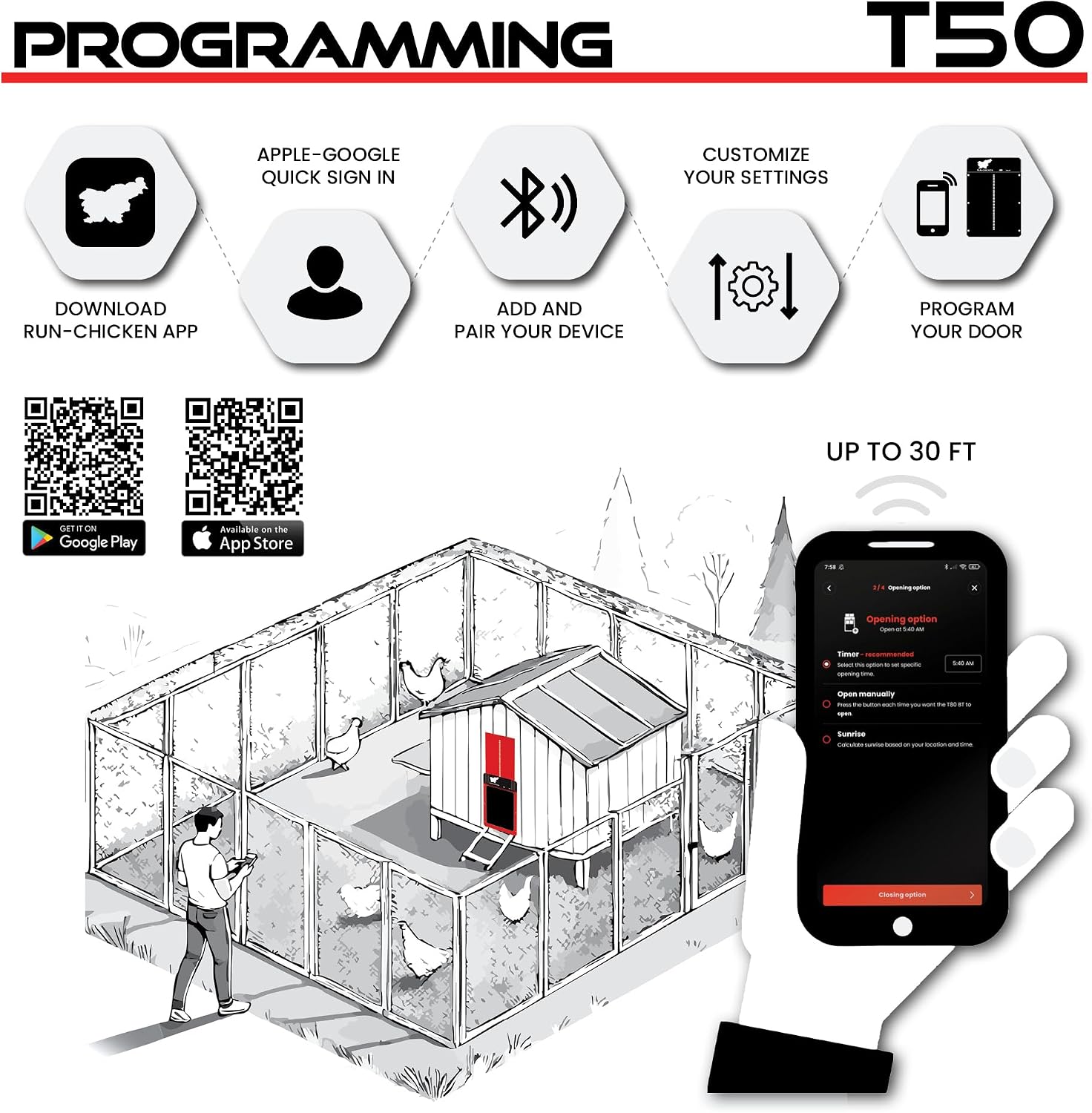 Run-Chicken Door T50 – Automatic Chicken Coop Door Opener, Battery Powered & Weatherproof Aluminum, Smart App & Timer Control, Predator Proof