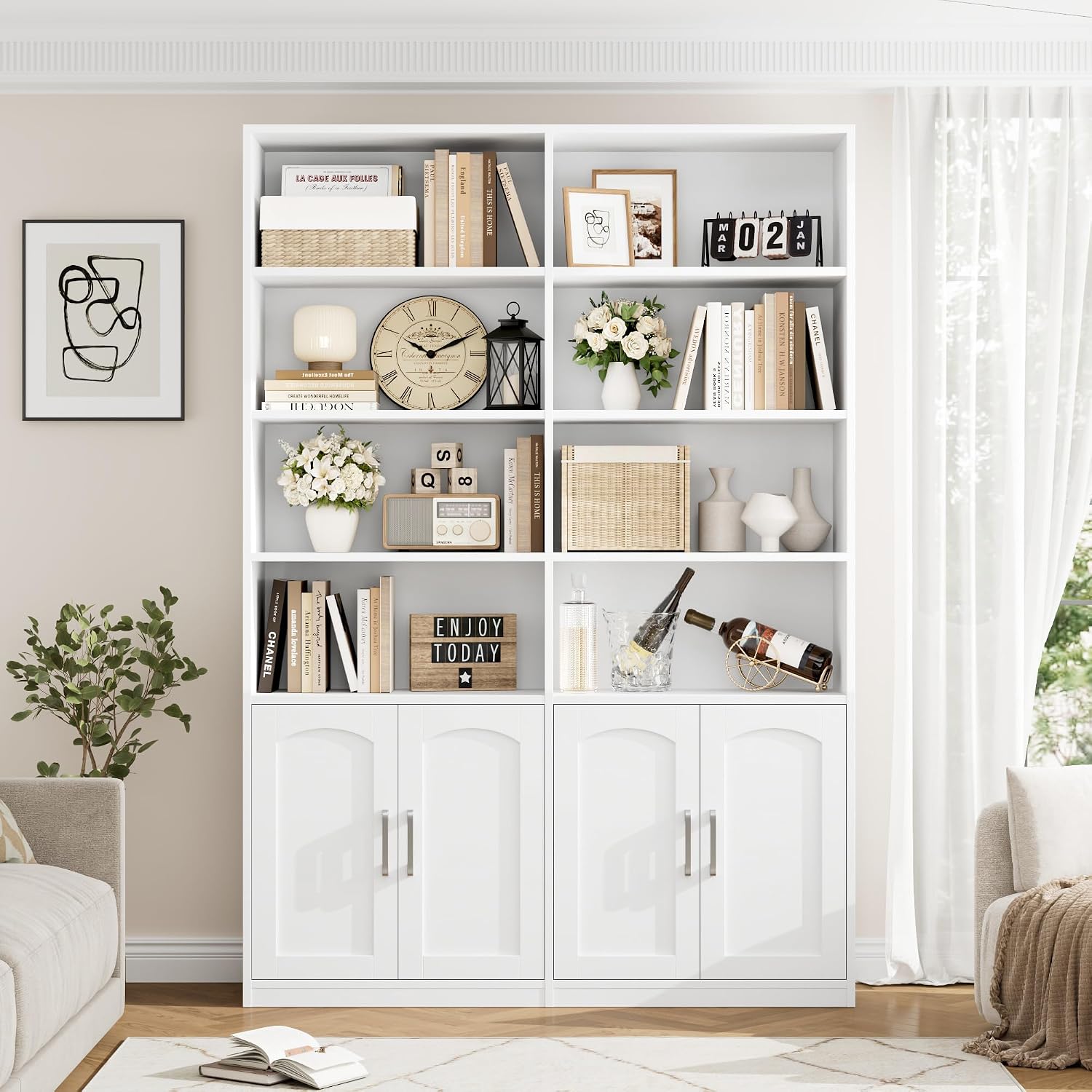 Bookshelf and Bookcase with Doors, Double Wide Large Bookshelves | Industrial Open Display Shelves 6 Tier, 73'' Tall Bookshelf with Storage Cabinets for Office,Home, Living Room, Library,White