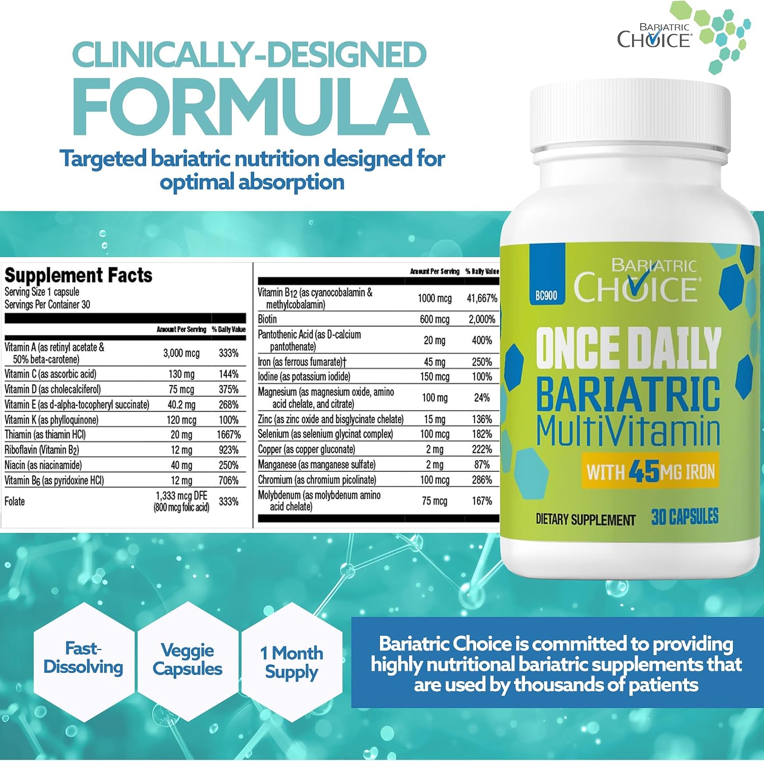 Bariatric Choice Once Daily Bariatric Multivitamin with Iron 45mg, 1 Month | 1-Mo Supply, Once Daily Easy-to-Swallow Capsule for Gastric Bypass & Sleeve Patients – High Potency Vitamins A, D, B12, More