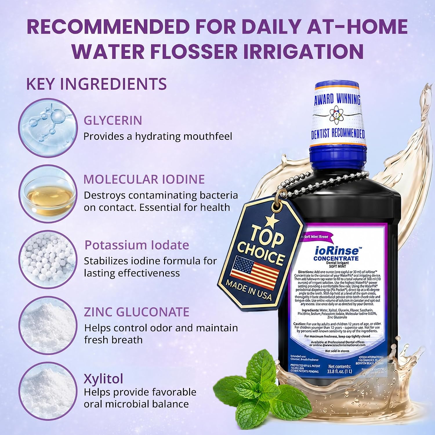 ioRinse RTU Halitosis Mouthwash, Molecular Iodine Oral Rinse, Soft Mint, 1L