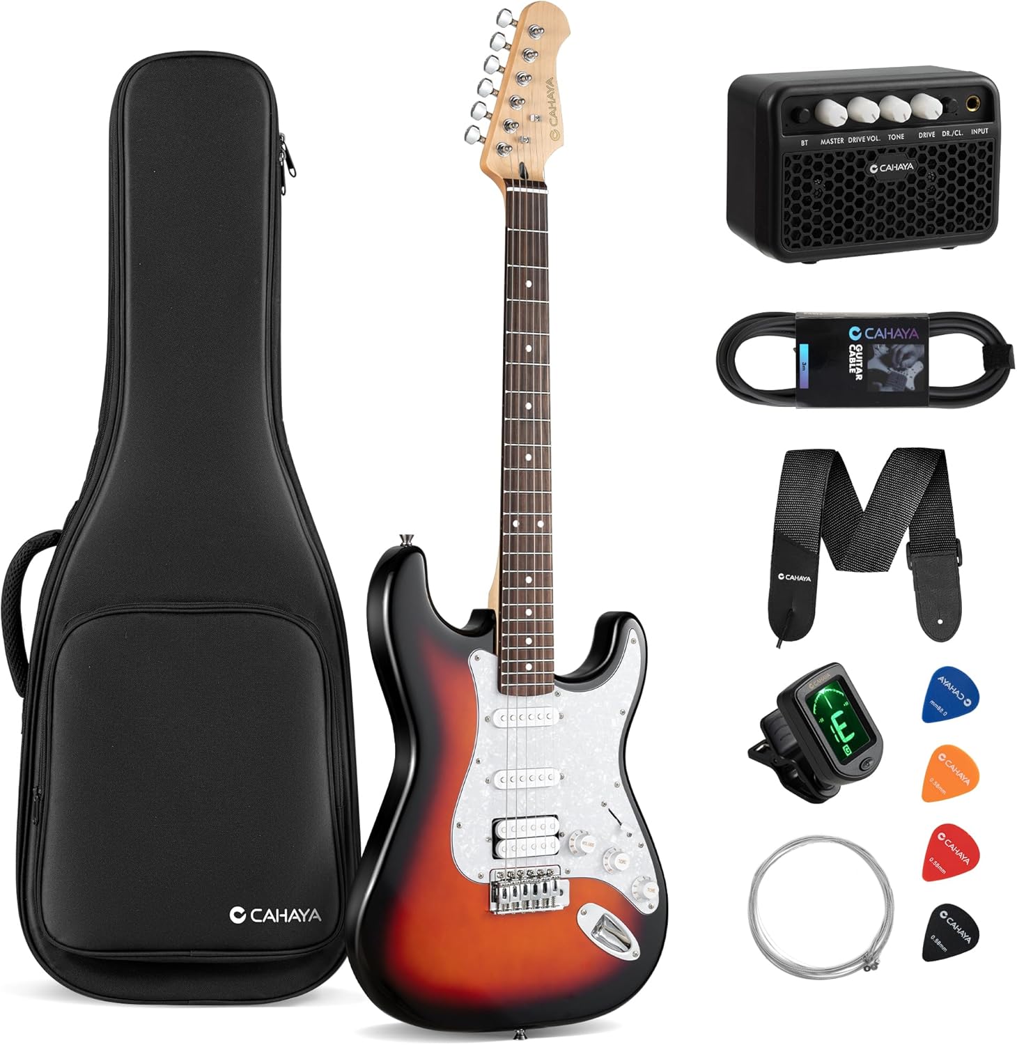CAHAYA Electric Guitar Kit 39in - Full Size Electric Guitar Kit for Beginner Starter Poplar Solid Body with 10W Amplifier, Gig Bag, Strap, Tuner