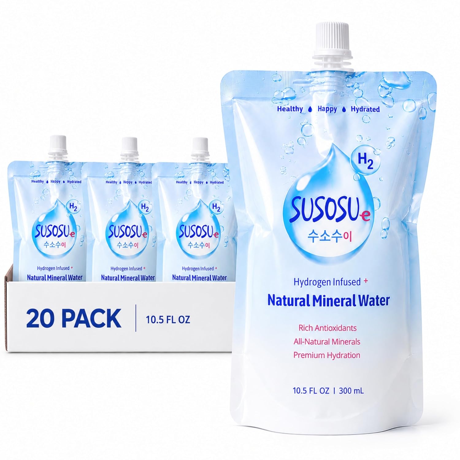 Susosu Hydrogen Water, Korean Mineral Water, 20 Pouches Ready to Drink, 10.5 Fl Oz