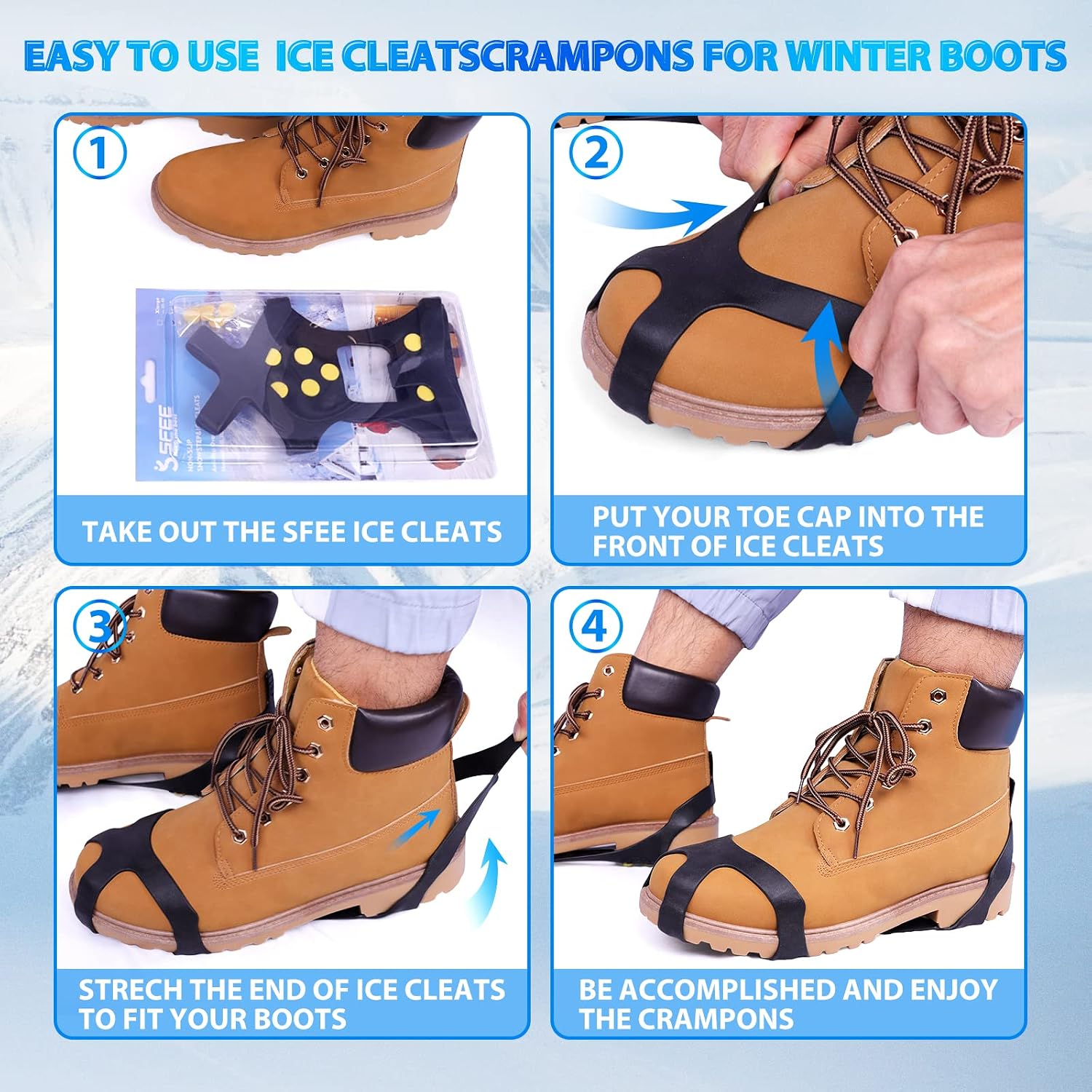 Ice Cleats for Boots Shoes, Snow Grips Cleats for Ice and Snow Anti-Slip Rubber Traction Cleats for Walking on Snow and Ice 10 Steel Studs Crampons for Hiking, Walking, Climbing, Jogging
