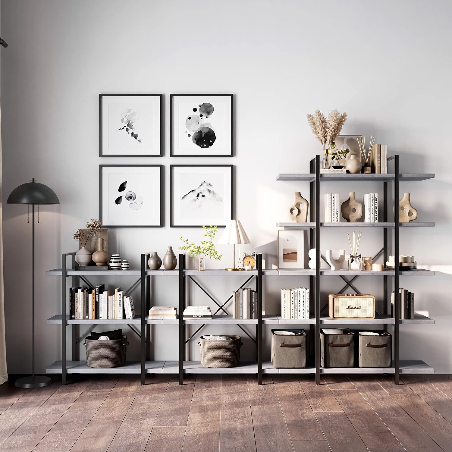BELLEZE 4 Tier Modern Rustic Industrial Bookshelf, Open Wide Office Etagere Book Shelf