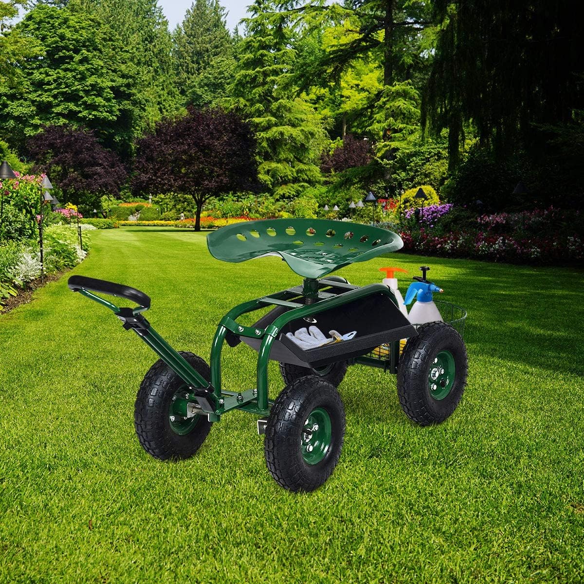 Goplus Rolling Garden Cart with Seat, Outdoor Garden Stool with Wheels, Tool Tray & Basket, Adjustable Steering Handle