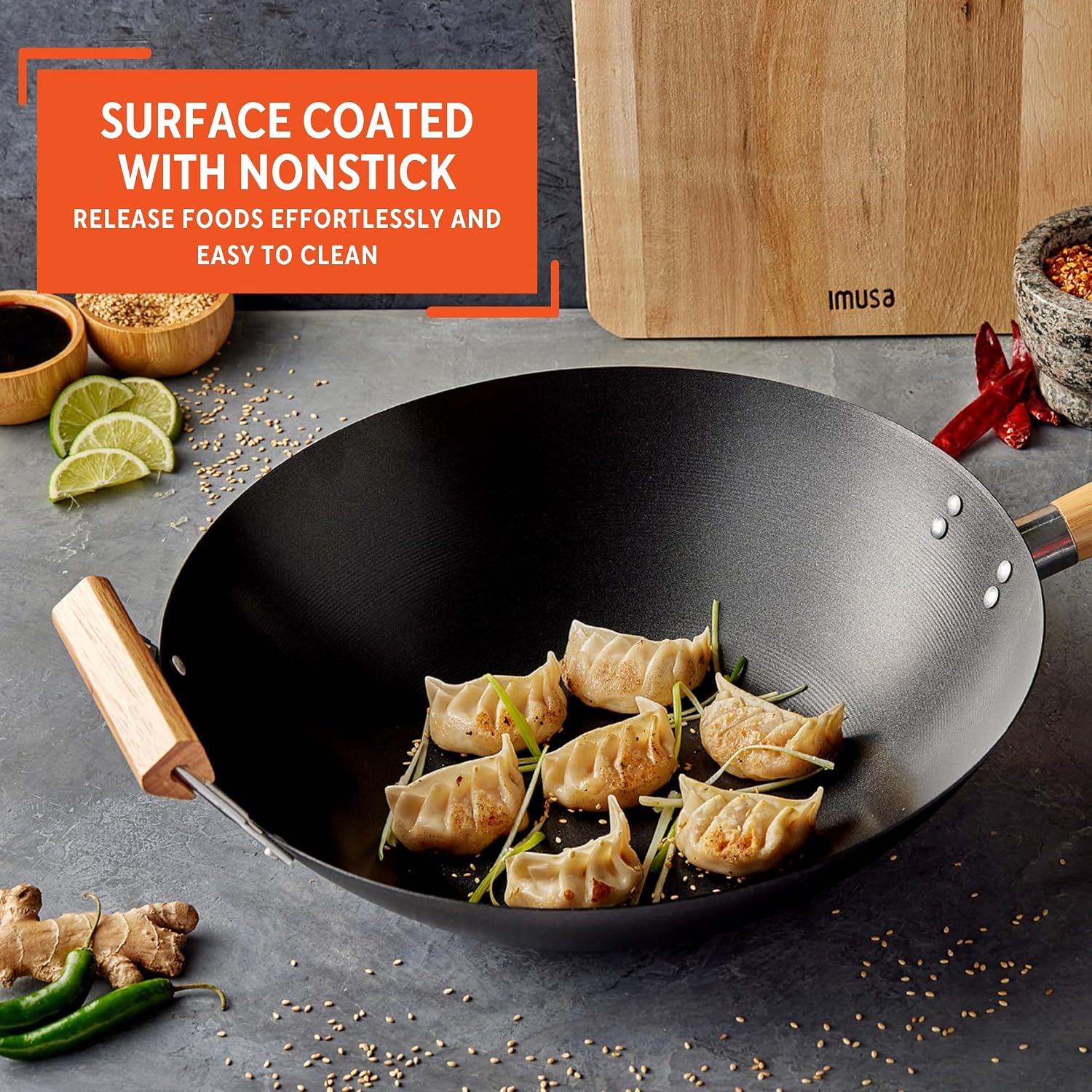IMUSA 9.5 Inch Carbon Steel Nonstick Wok with Cool-touch Handle, Black | Cool-Touch Handle, Ideal for Stir Fry, Great for Everyday Meals