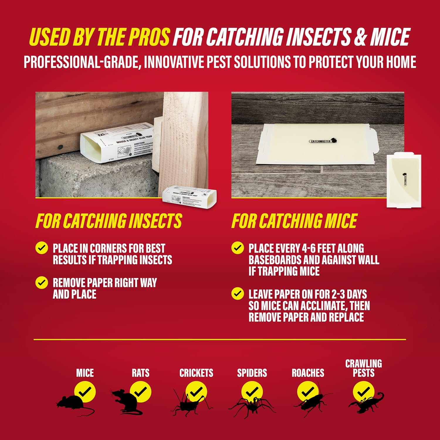 Catchmaster Mouse & Insect Super Glue Traps 30PK, Mouse Traps Indoor for Home, Extra Strength Sticky Pest Control Adhesive Tray for Catching Bugs
