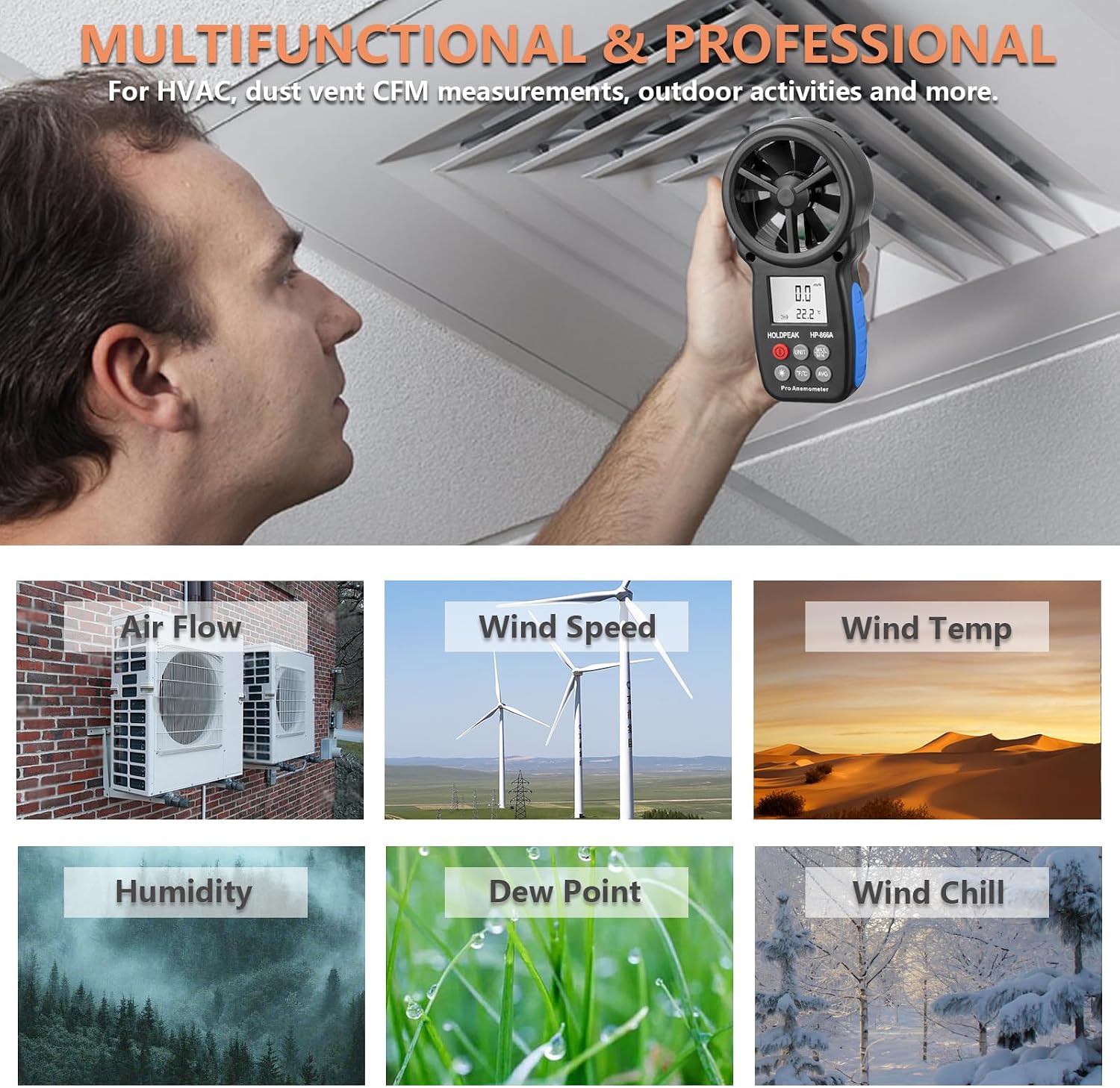 Holdpeak 866A Anemometer HVAC, Pro CFM Air Flow Meter for Wind Speed Temp Humidity Dew Point Airflow Measuring Device