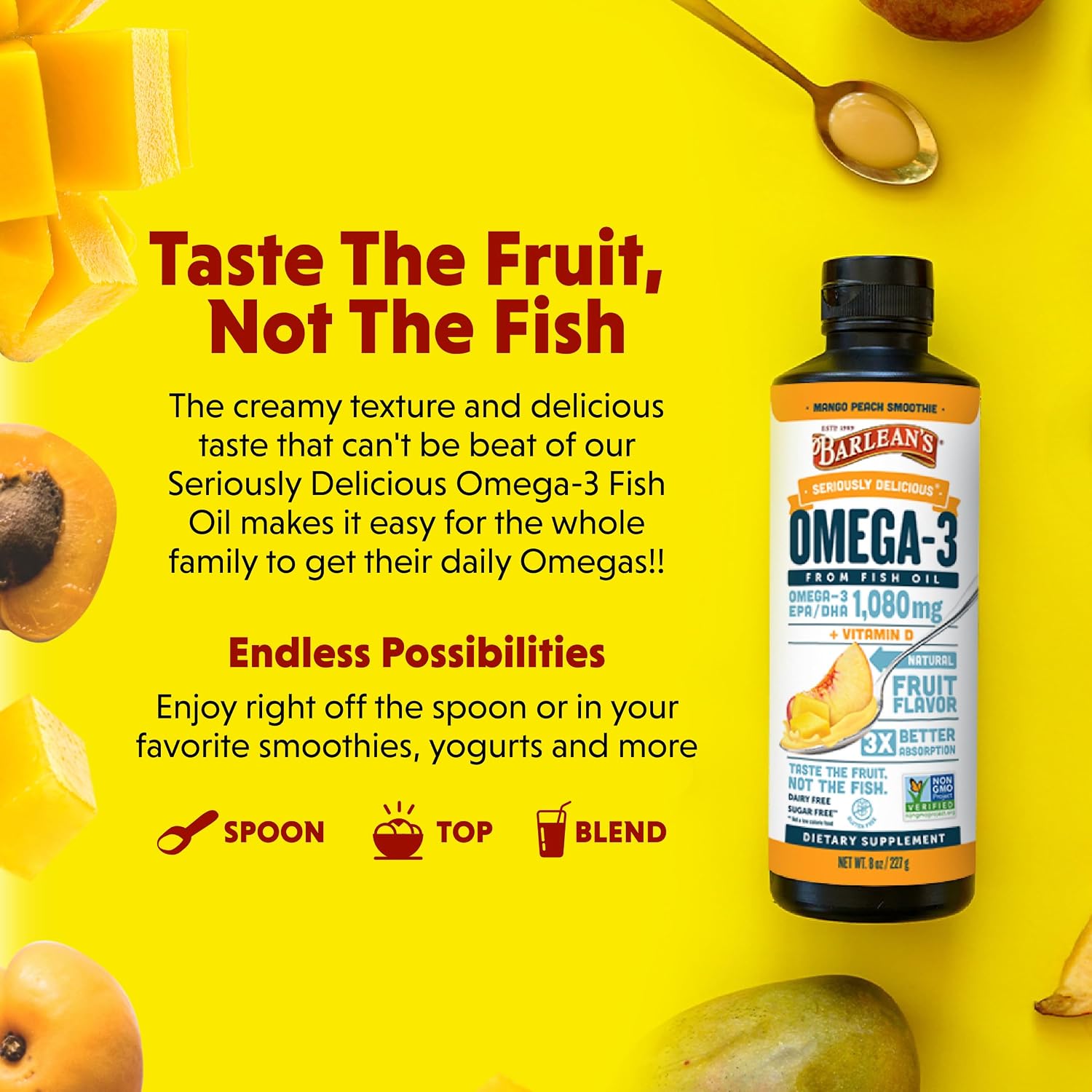 Barlean's Mango Peach Omega-3 Fish Oil, Vitamin D, 1080mg EPA & DHA, 8oz | Wild-caught fish oil plus vitamin D, EPA DHA omega-3, Burpless, Non-GMO, Gluten-free, Heart, brain, bone & immune