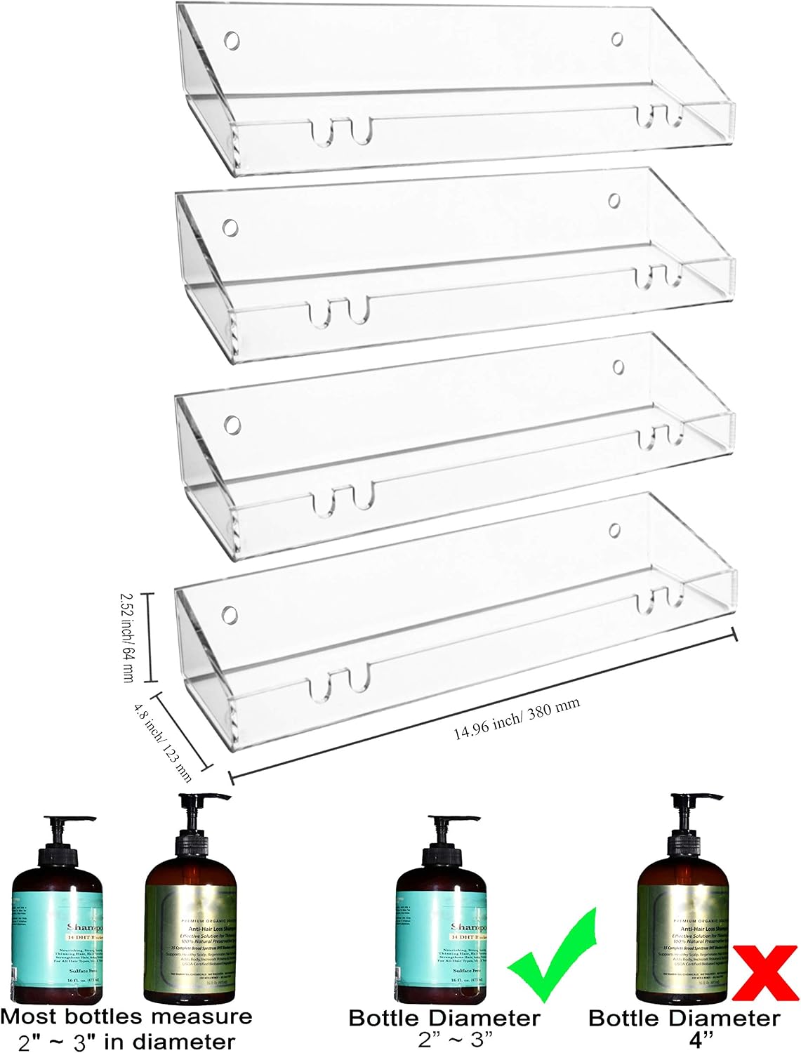 AMT 2 Pack Acrylic Floating Shelves, 15" L x 4" W, Clear Bathroom Wall, Bookshelves, Invisible Display for Office, Bedroom