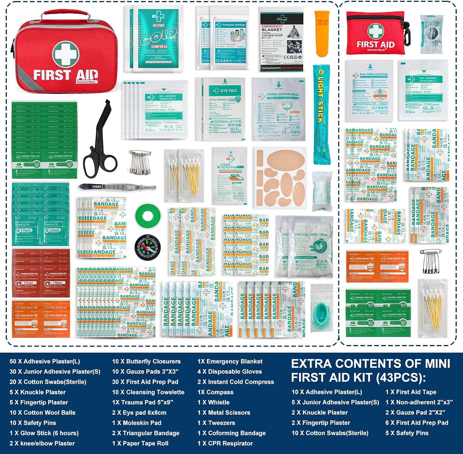 General Medi 2-in-1 First Aid Kit (215 Piece Set) + 43 Piece Mini First Aid Kit -Includes Ice(Cold) Pack