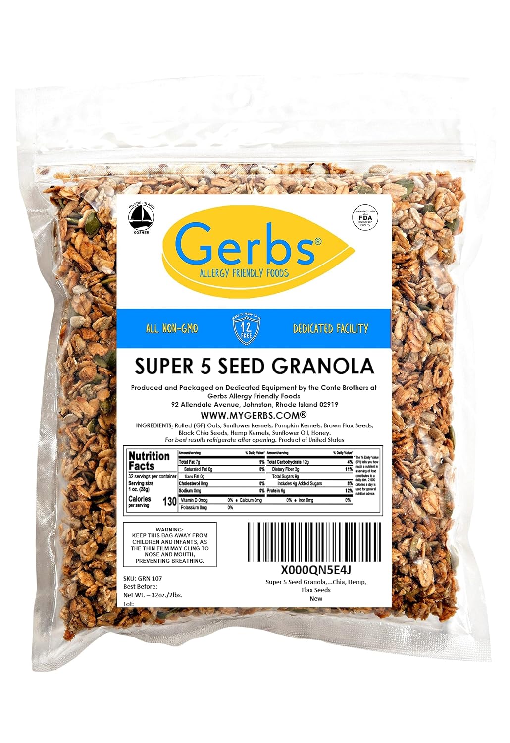 Gerbs Super 5 Seed Granola 2 lbs. | Small Batch, No Additives | Crunchy 5-Seed Blend: Pumpkin, Sunflower, Chia, Hemp & Flax | Top 14 Allergen-Free