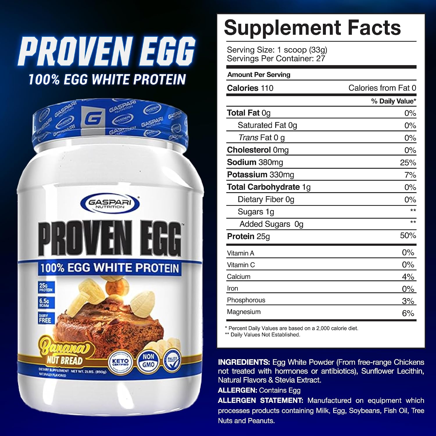 Gaspari Nutrition Proven Egg White Protein Powder, 25g Chocolate Protein Powder, 100% Egg White Protein, Keto Friendly, Dairy and Lactose Free, Soy Free (2 lbs, Chocolate)