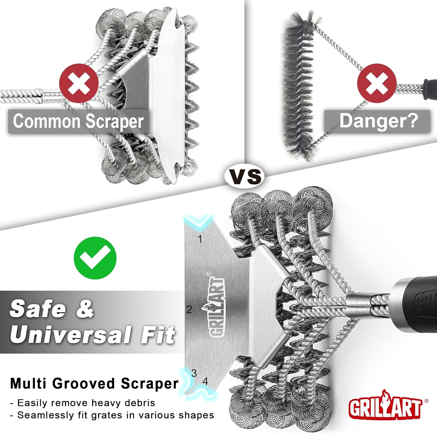 Grill Brush and Scraper Bristle Free – Safe BBQ Brush for Grill – 18'' Stainless Grill Grate Cleaner - Safe Grill Accessories for