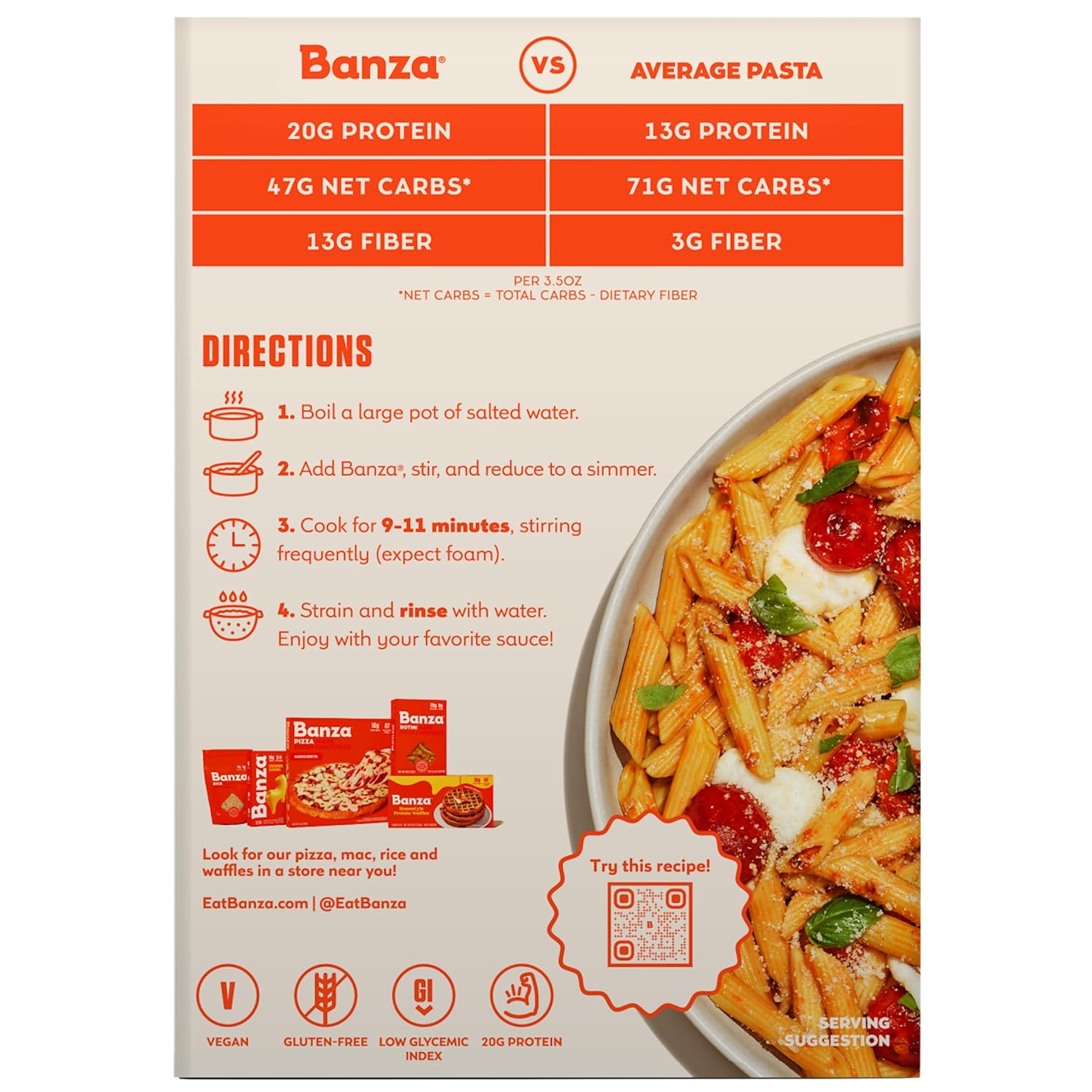 Banza Penne Pasta from Chickpeas - Gluten Free, High Protein, and Lower Carb Protein Penne Chickpea Pasta - 8oz