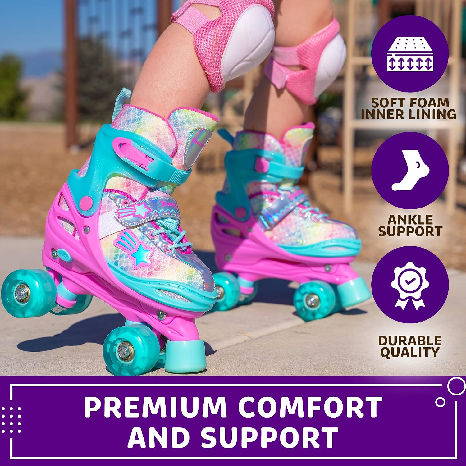 XinoSports Kids Adjustable Roller Skates for Girls & Boys with Light Up Wheels (Ages 5-20) – Roller Skates with Illuminating Wheels