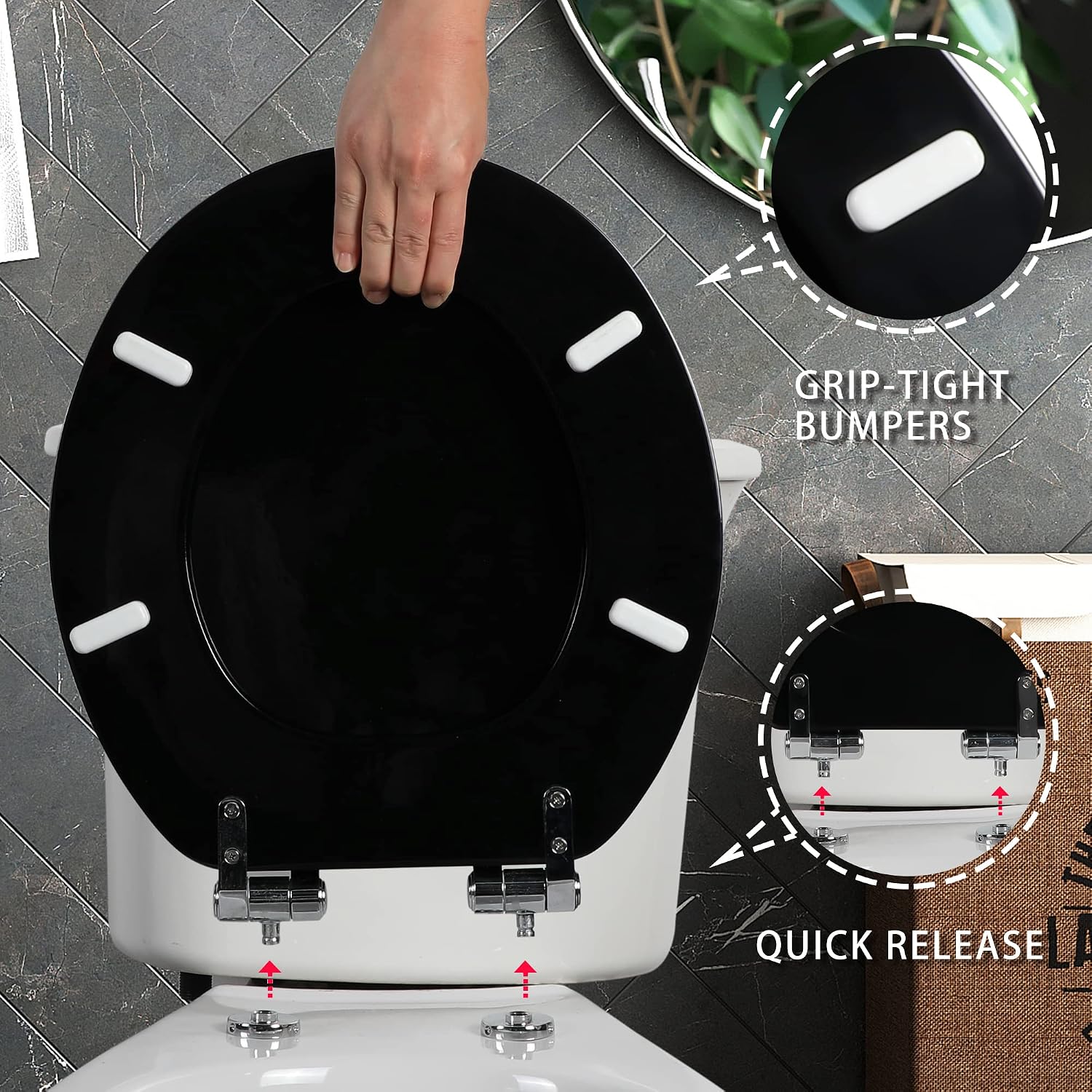 Angel Shield Toilet Seat with Zinc Alloy Hinges Quiet-Close Quick-Release Wood Molded UV Lid Easy Clean(Elongated,Black)
