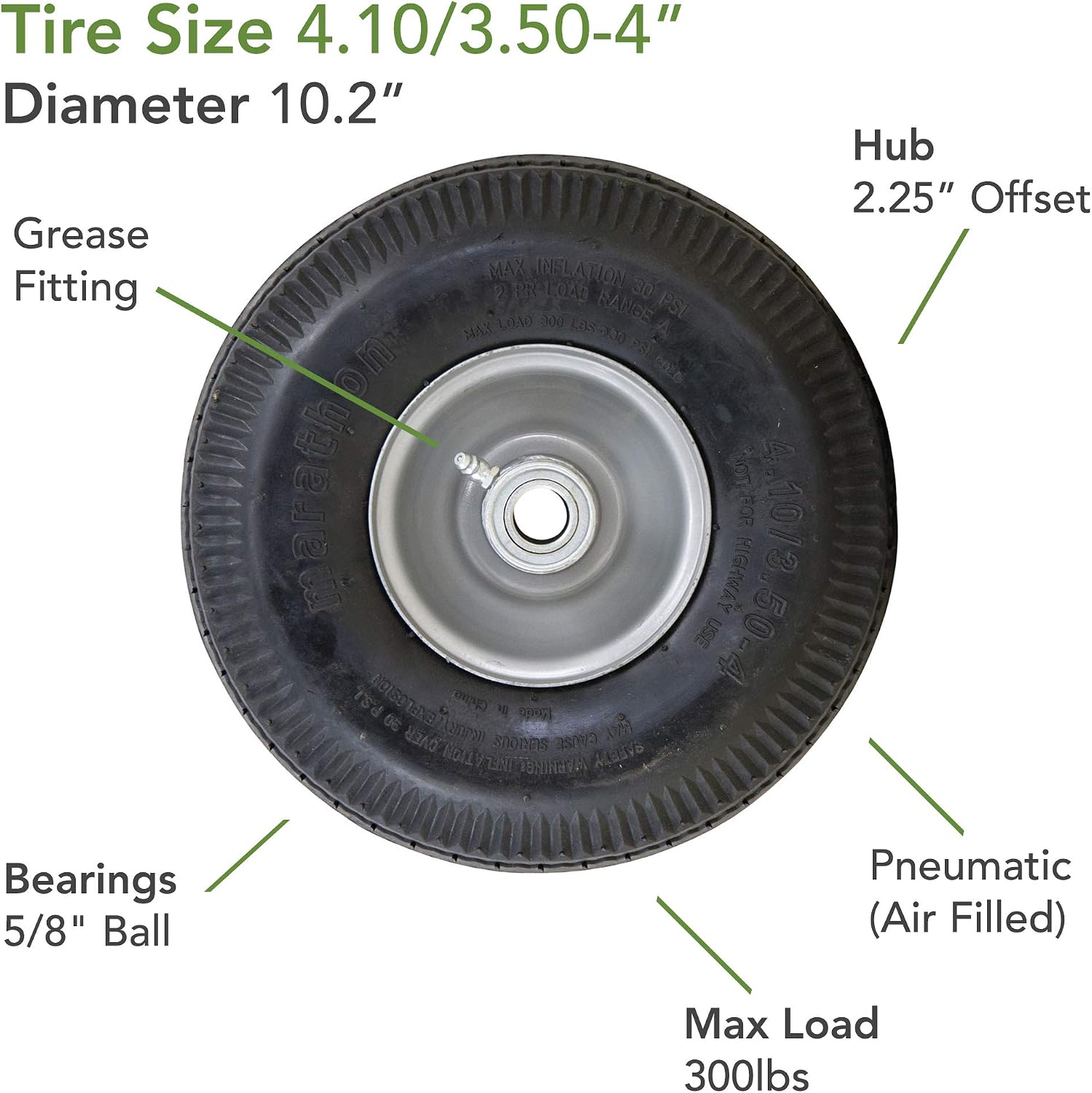 Marathon 02310 Pneumatic Air Filled Hand Truck and All-Purpose Tires on Wheels-4.10/3.50-4 Inch, 2.25" Offset Hub