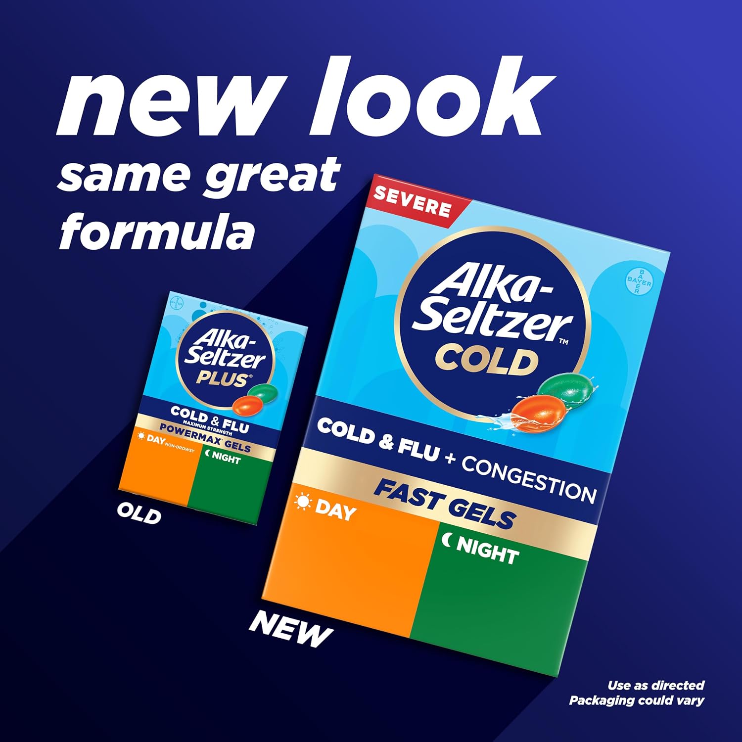 Alka-Seltzer Cold, Cold & Flu + Congestion Severe Day/Night Fast Gels, Flu + Congestion Medicine, Multi-Symptom Relief, Body Aches and Pains, Fever Reducer, 24 Count (Packaging May vary)
