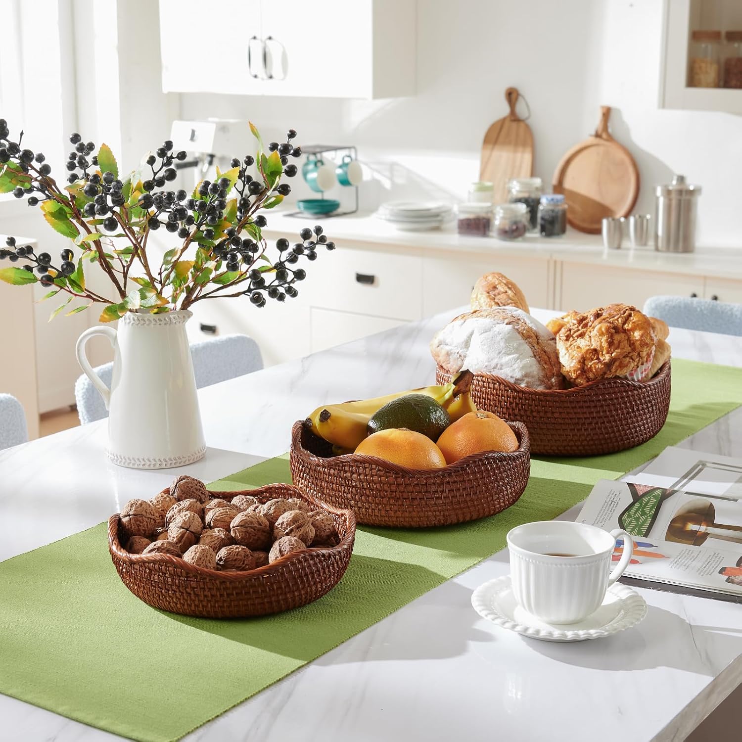 YANGQIHOME Rattan Bread Basket, Round Fruit Baskets, Wicker Storage Bowls, Natural Woven Serving Basket Bowls