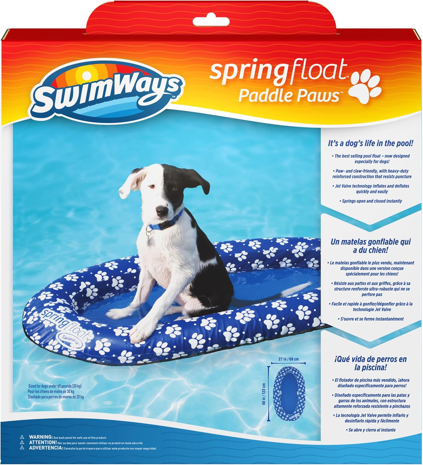 SwimWays Paddle Paws Spring Float Dog Raft, Small (0-65 lbs.) | Fast Inflation for Fast Use During Travel, Durable Scratch-Resistant Design for Use with Dogs, Includes Carrying Case