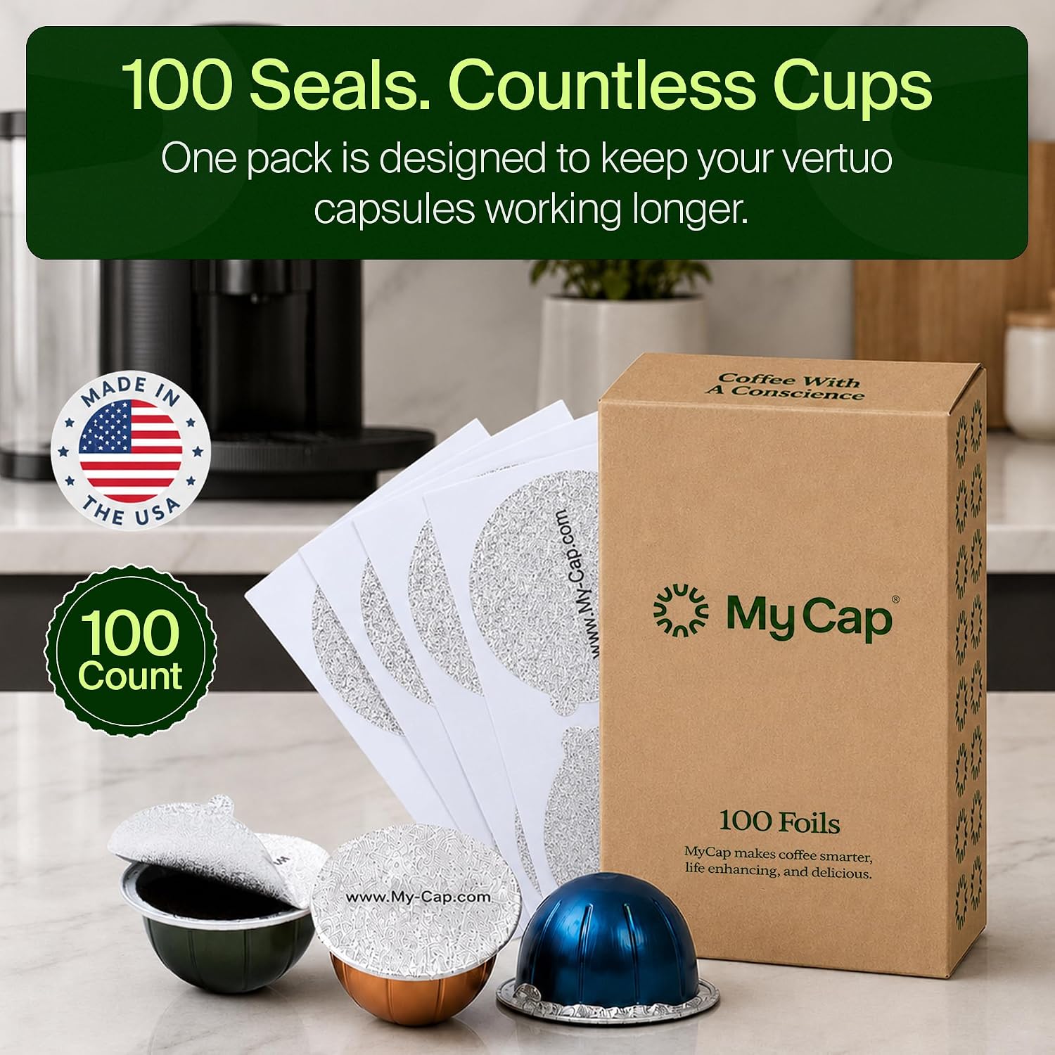 Foil Seals for Nespresso Vertuo Pods - Reusable Aluminum Lids to Extend Life of Nespresso VertuoLine Capsules (Pack of 100)