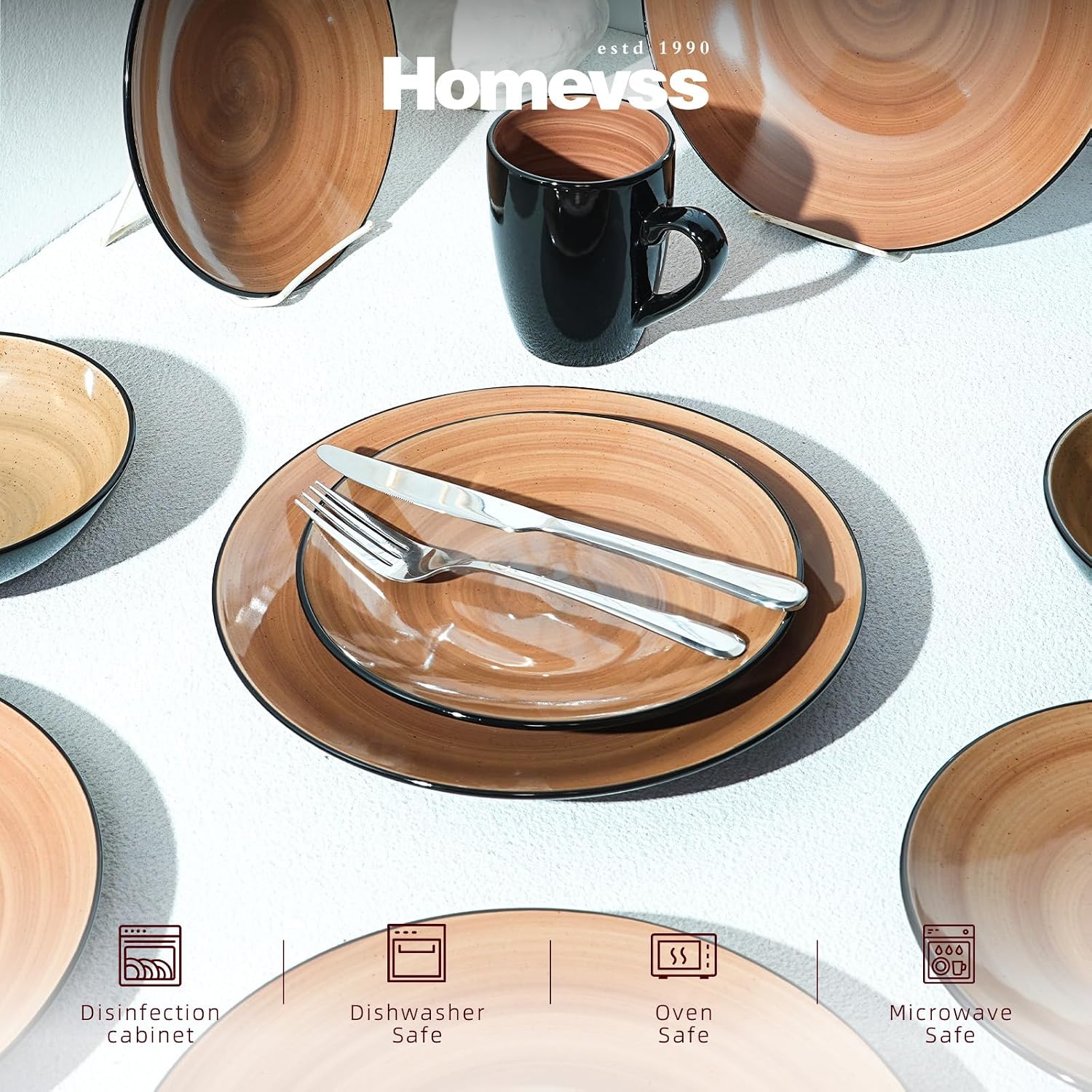 HomeVss, Sonoma Stoneware Dinnerware Set, Outside Black + Inside Hand Painting Color (16pc Set, Grey)