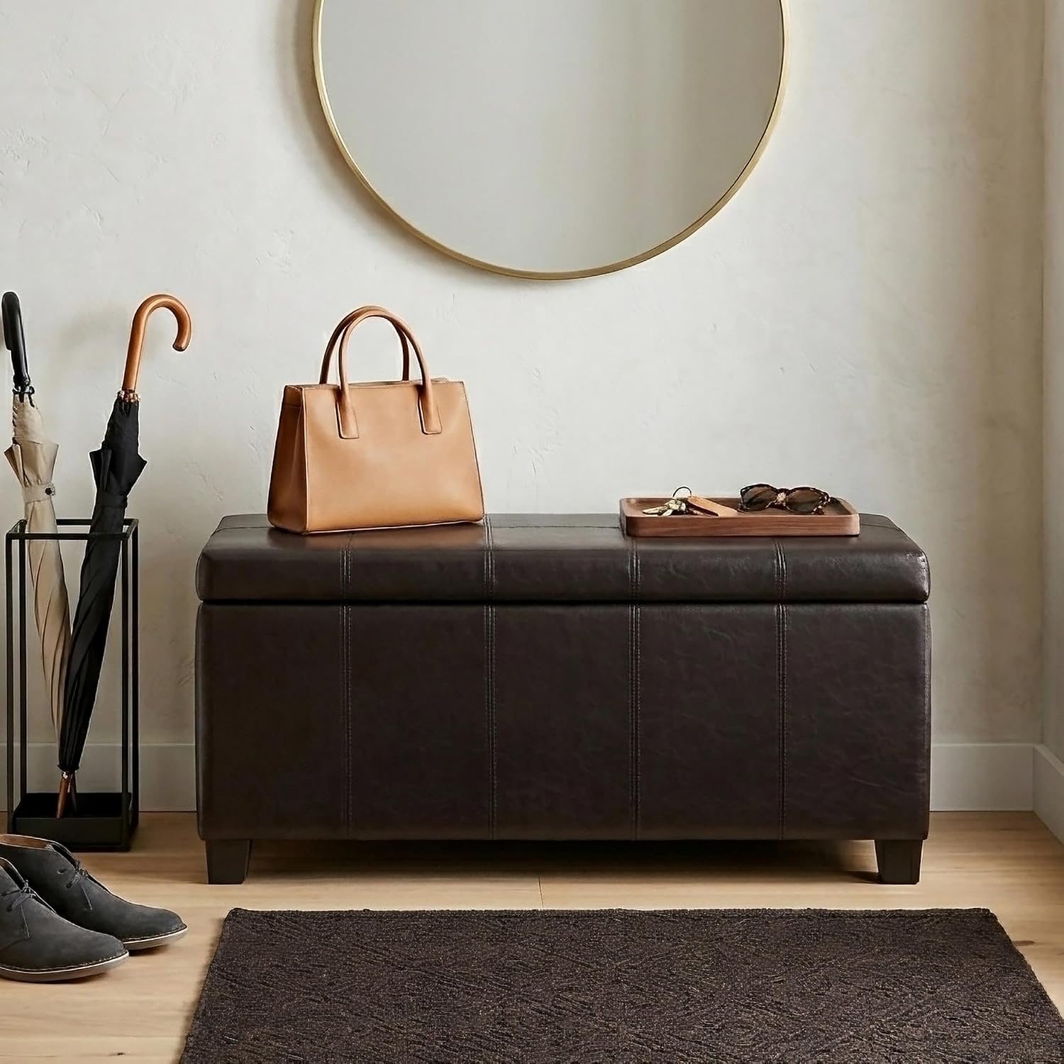 SIMPLIHOME Dover 36" Wide Vegan Leather Storage Ottoman in Midnight Black | Distressed umber brown, contemporary ottoman with lift-top and safety hinges; rectangle storage bench for living room.
