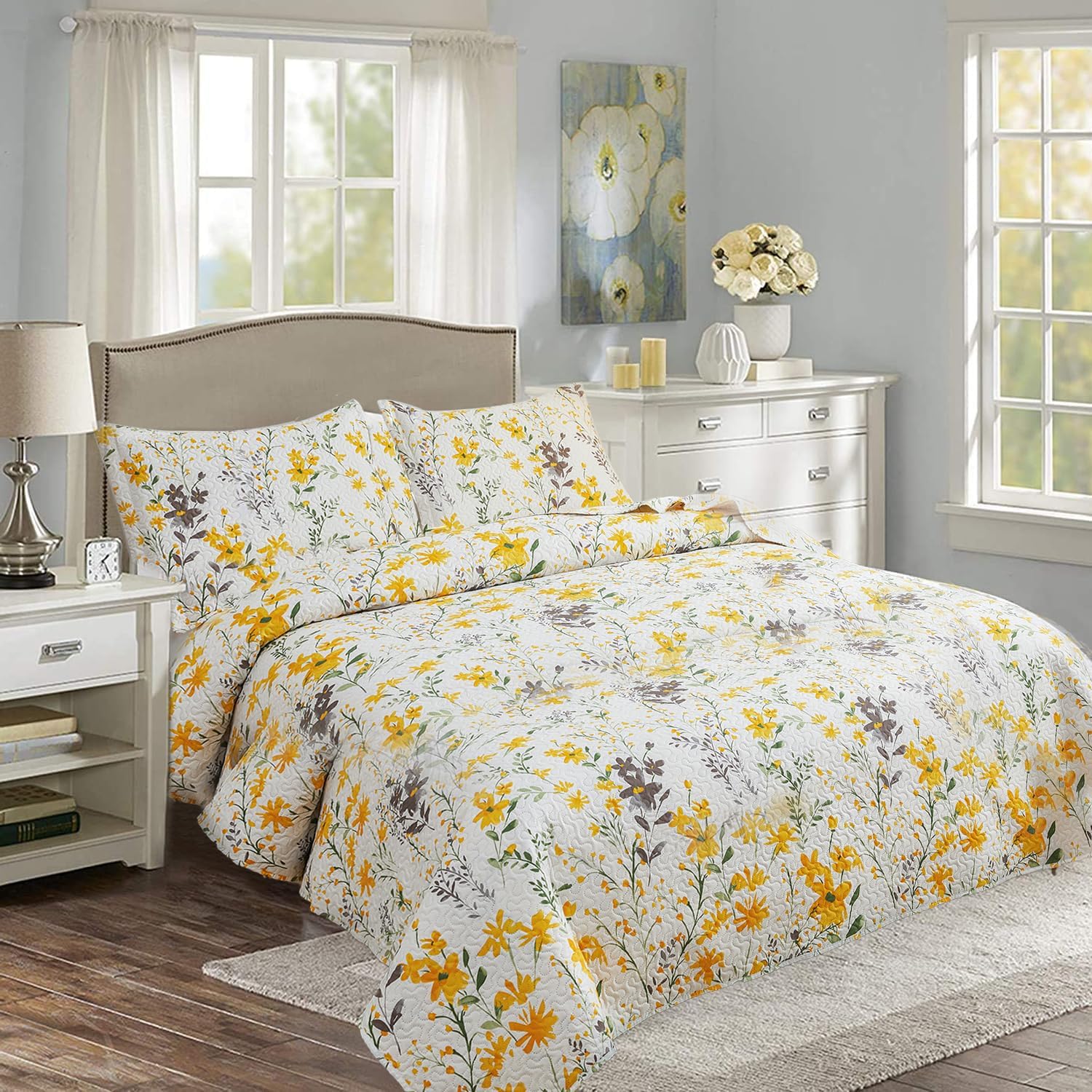 Ycosy Floral Quilt Set Full/Queen Size Reversible Flower Bedspread Queen Summer Lightweight Quilt Bedding Purple Floral Quilts Green Leaves Coverlet
