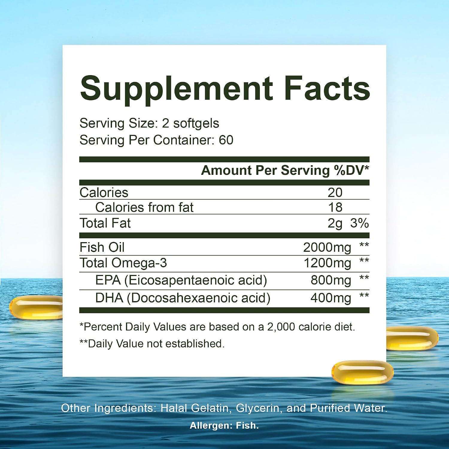 Noor Vitamins Halal Fish Oil, Halal Vitamins, Ultra Omega 3 Wild Peruvian Fish (800 mg EPA & 400 mg DHA) Heart, Brain & Joint Support