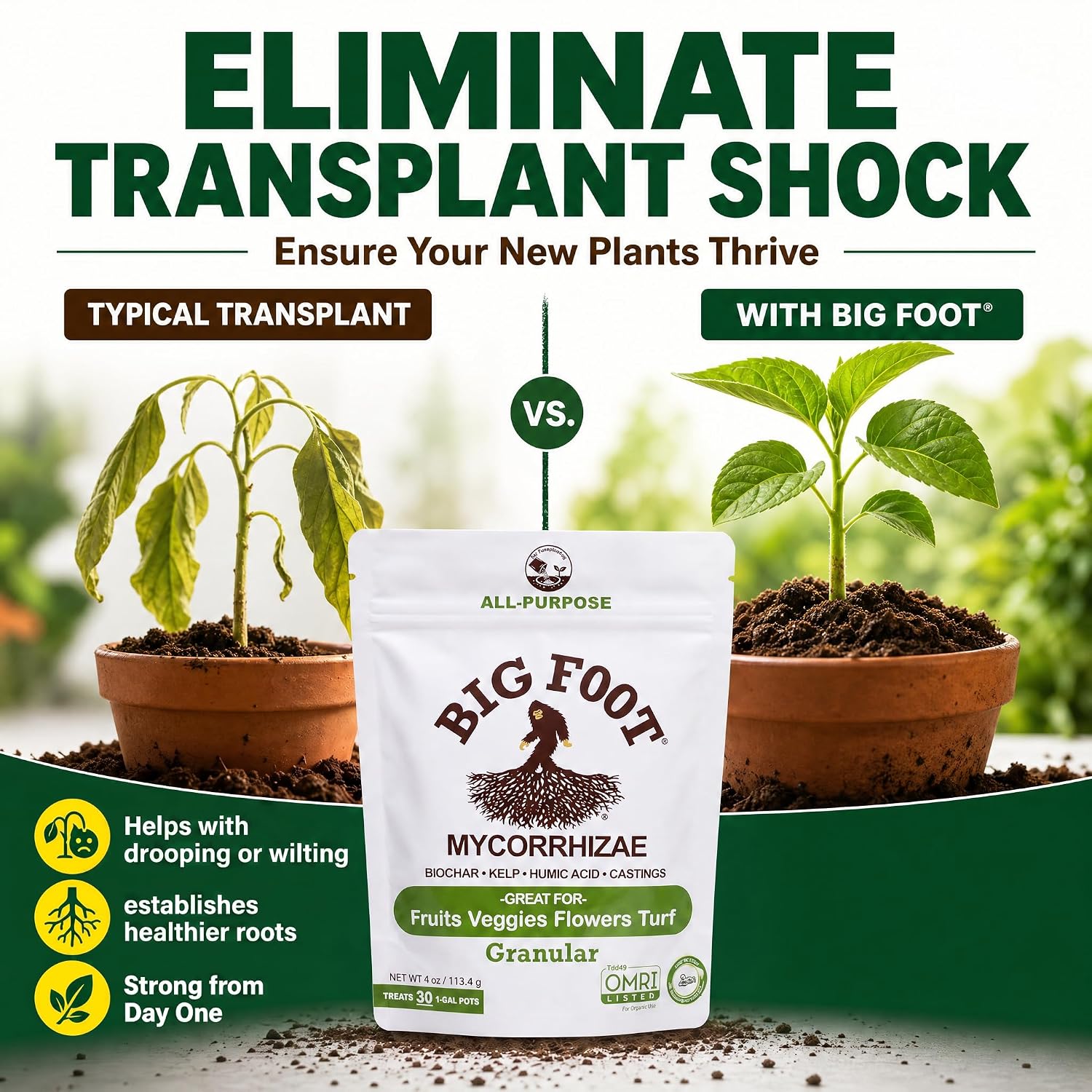 Big Foot Mycorrhizae - Double Your Plant Size, Easy to Use, Made in USA, Treats 30 Plants (7,500 Mycorrhizal Spores) Fertilizer, 4 Ounce Package (4 oz)