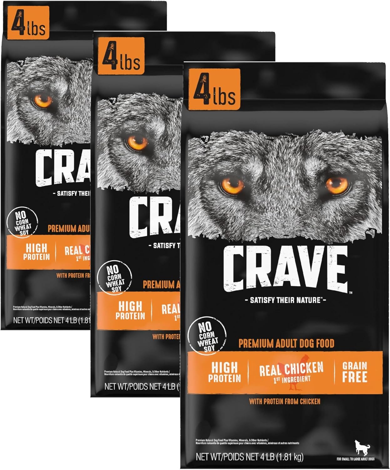 CRAVE Grain Free High Protein Natural Adult Dry Dog Food, Chicken, 4 lb | 34% protein, real animal protein, no by-product meal, no corn, wheat, soy, no artificial flavors, energy support