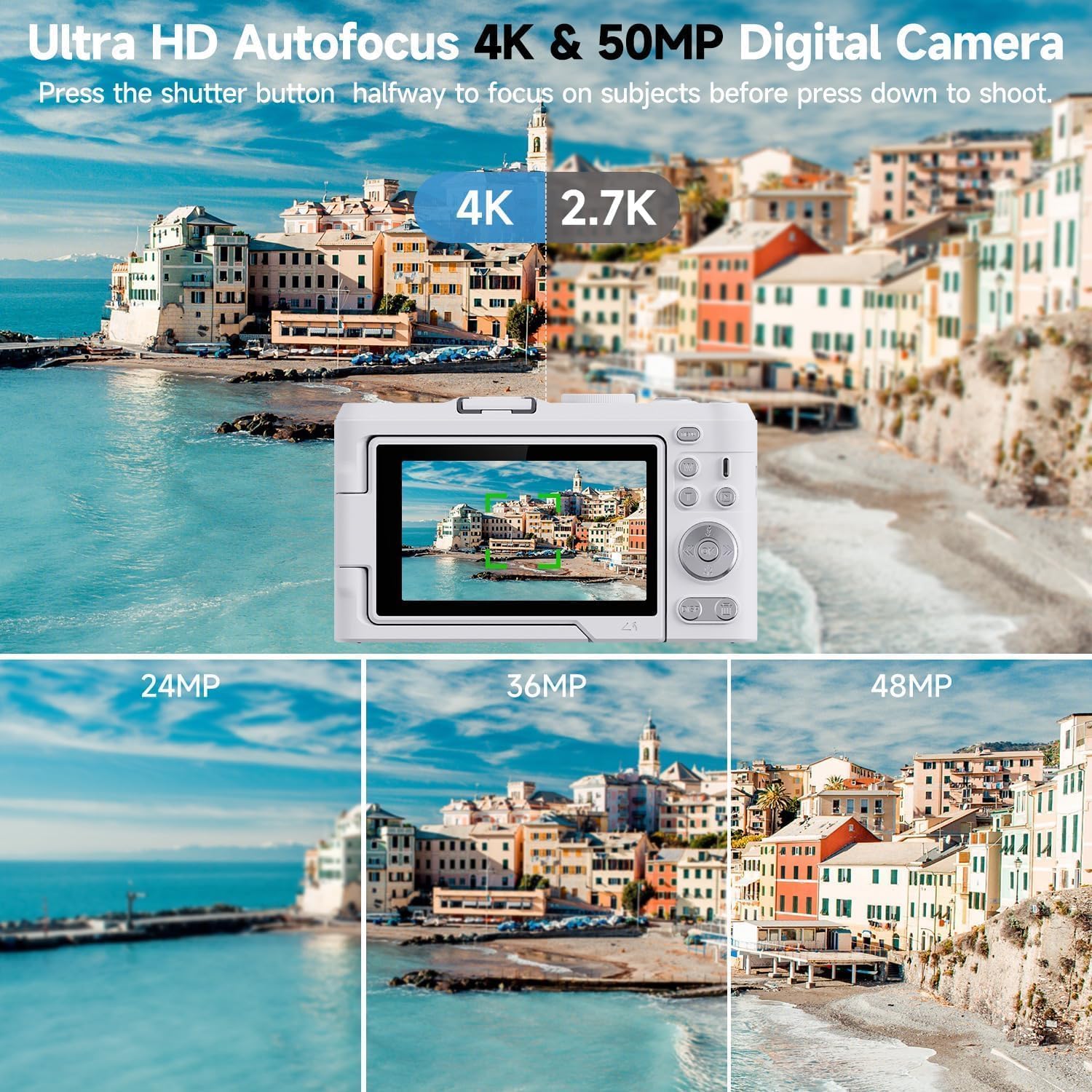 4K Digital Camera for Photography, 3" 180° Flip Screen with 64GB Card | 50MP Vlogging Camera, 4K Video Recording, 18X Digital Zoom, Built-In Flash, Compact Travel Size, Great For Teens & Beginner