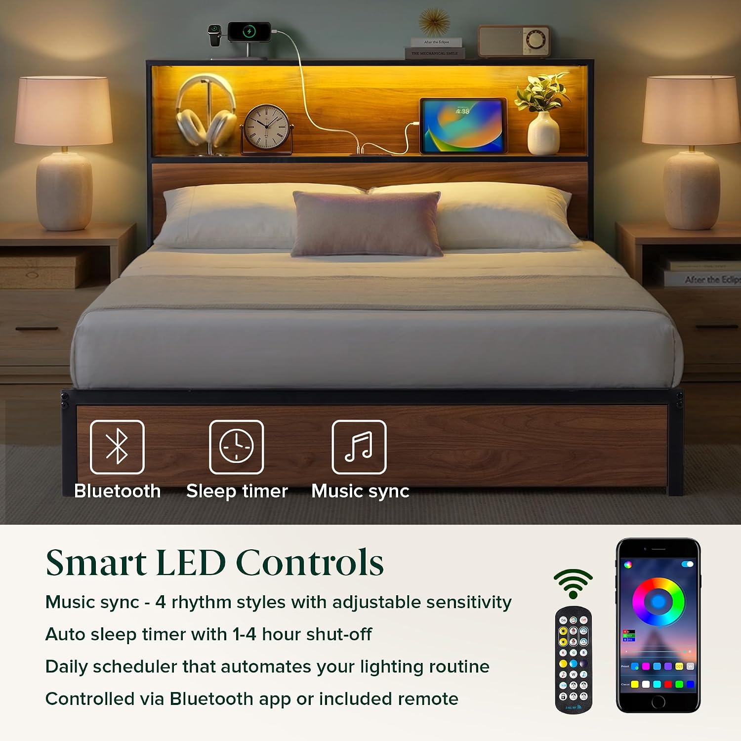Zinus Kai Platform Bed Frame, RGB LED Lights, No Box Spring Needed, Full | Two-Tier Headboard for Space-Saving Storage, Built-in USB Charging Station, Soft Ambient Night Light