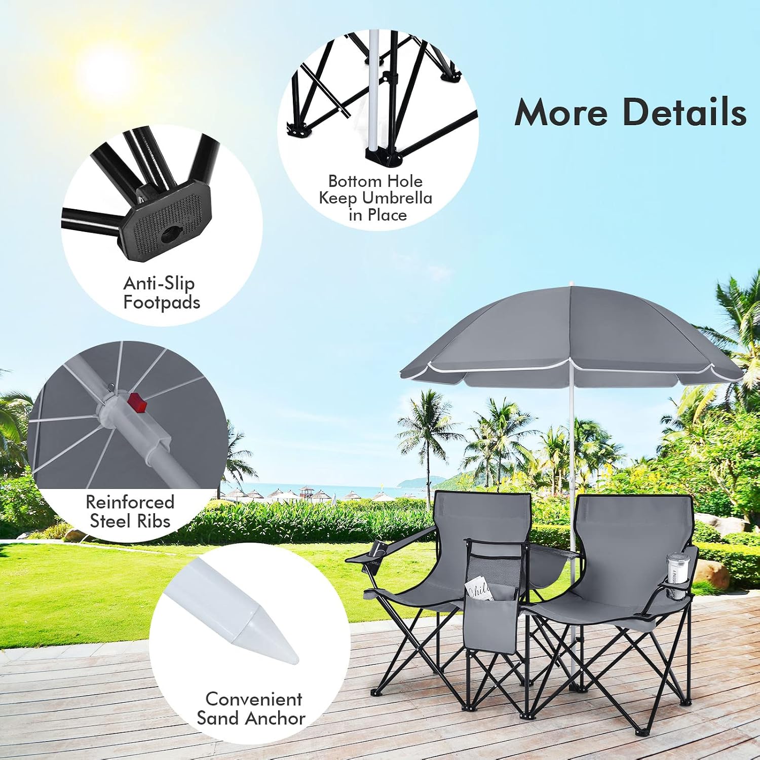 COSTWAY Double Portable Picnic Chairs, Folding Camping Chairs w/Detachable Umbrella, Cooler Bag, Cup Holders, Patio Beach Camping Chairs for Outdoors, Blue | Detachable Umbrella, Cooler Bag, Cup Holders, Patio Beach Camping Chairs for Outdoors, Blue