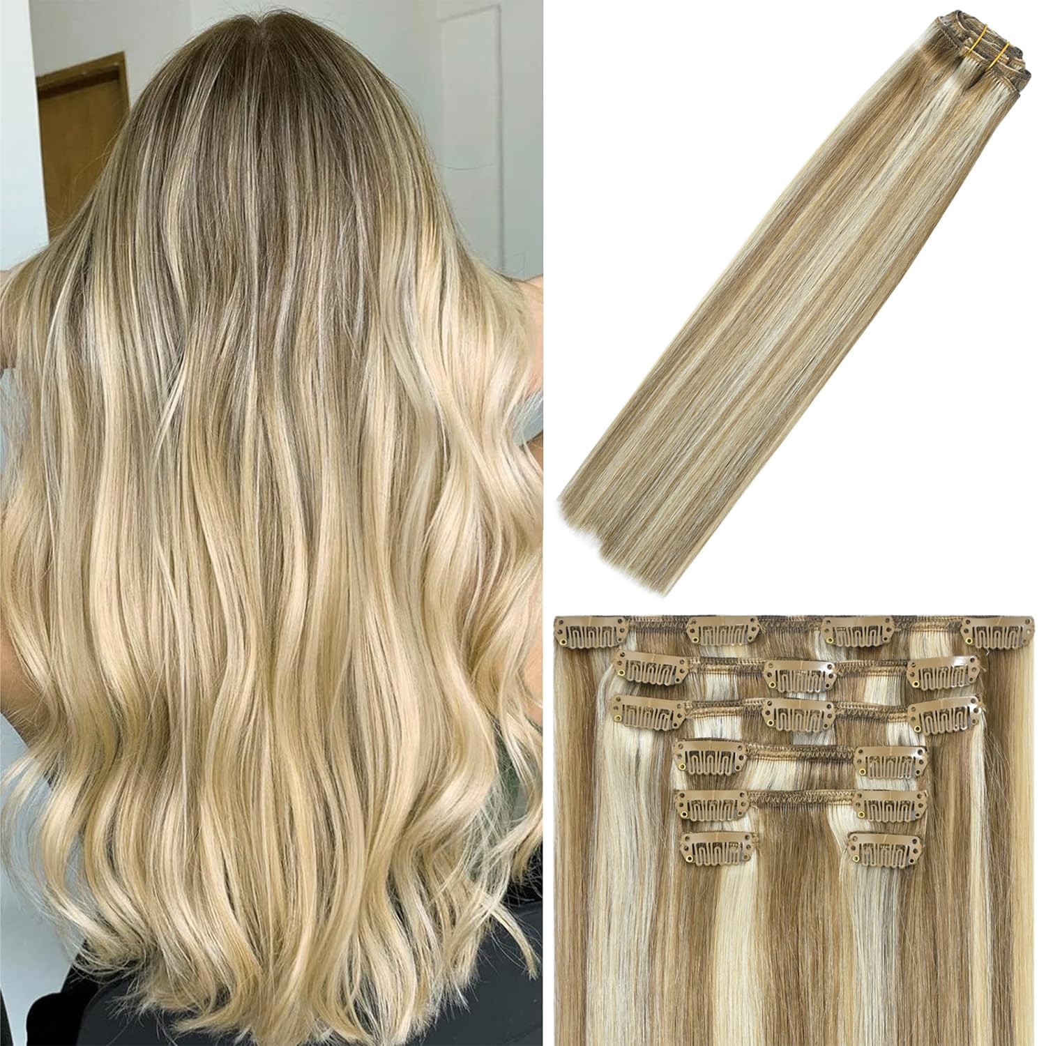 WindTouch Clip In Hair Extensions Human Hair Mixed Bleach Blonde 18Inch 75g Hair Extensions for Women Remy Blonde Extensions Clip in #18p613 7PCS