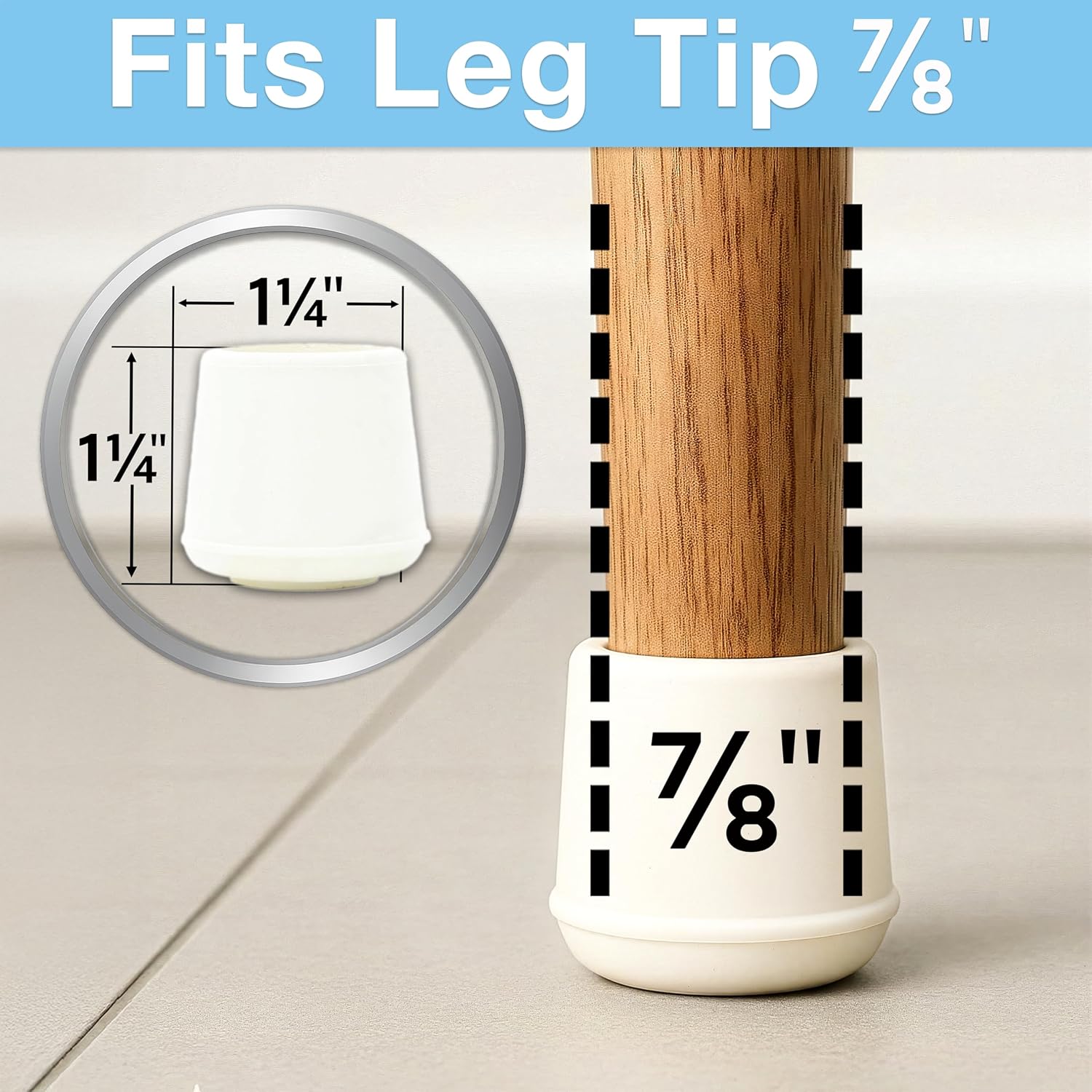 SoftTouch 7/8" Round Non-Marking Rubber Slip-On Chair Leg Tips, Nonslip Protective Furniture Leg Caps for Chairs, Stools, and Tables on Hard Surfaces
