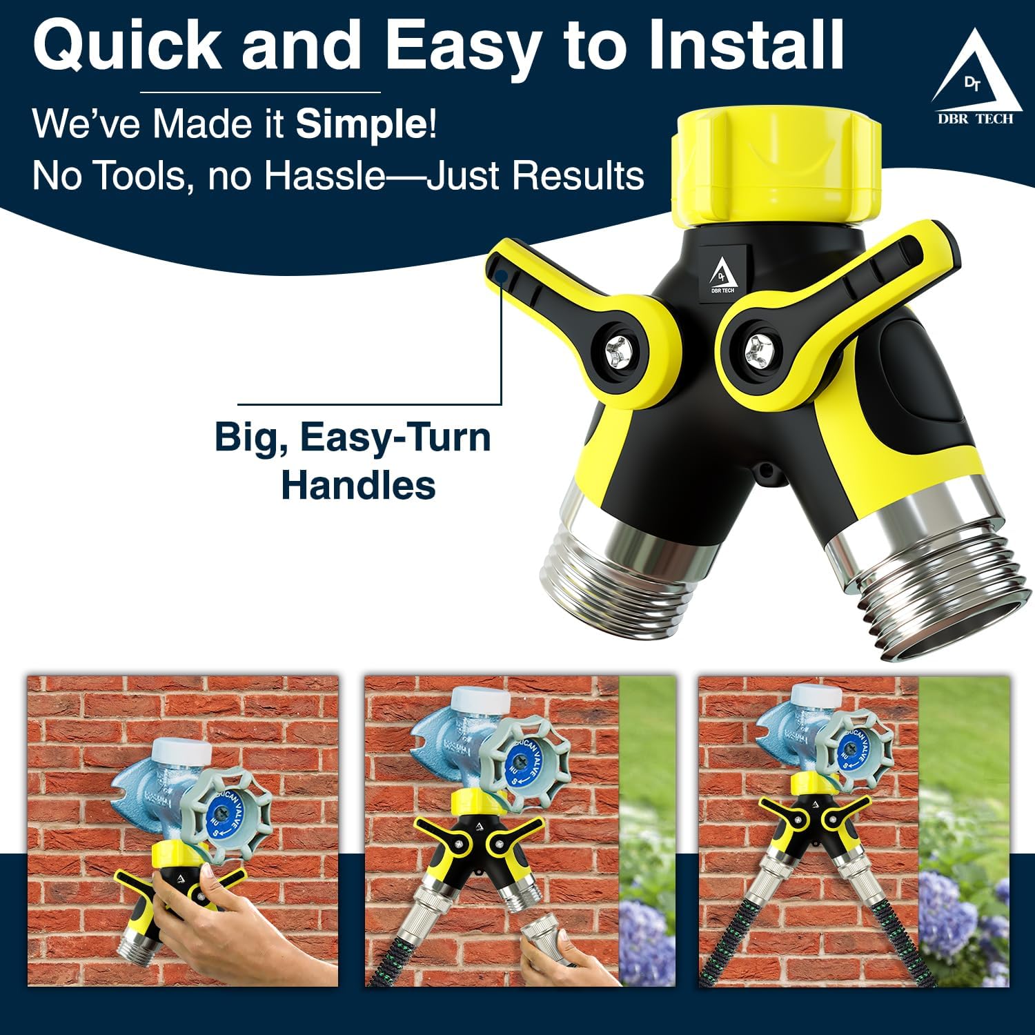 DBR Tech® Hose Splitter 2 Way, Heavy Duty Metal Connector, Two Way Garden Hose Splitter, High Flow Spigot Faucet Bib Adapter