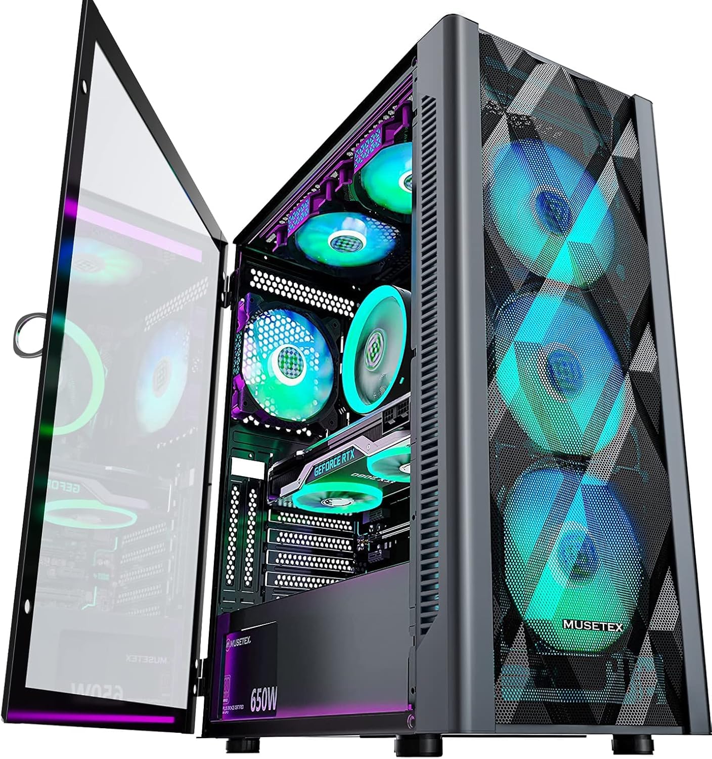 MUSETEX ATX PC Case Pre-Install 6 PWM ARGB Fans, Polygonal Mesh Computer Gaming Case, Opening Tempered Glass Side Panel Mid-Tower Case, USB 3.0 x 2