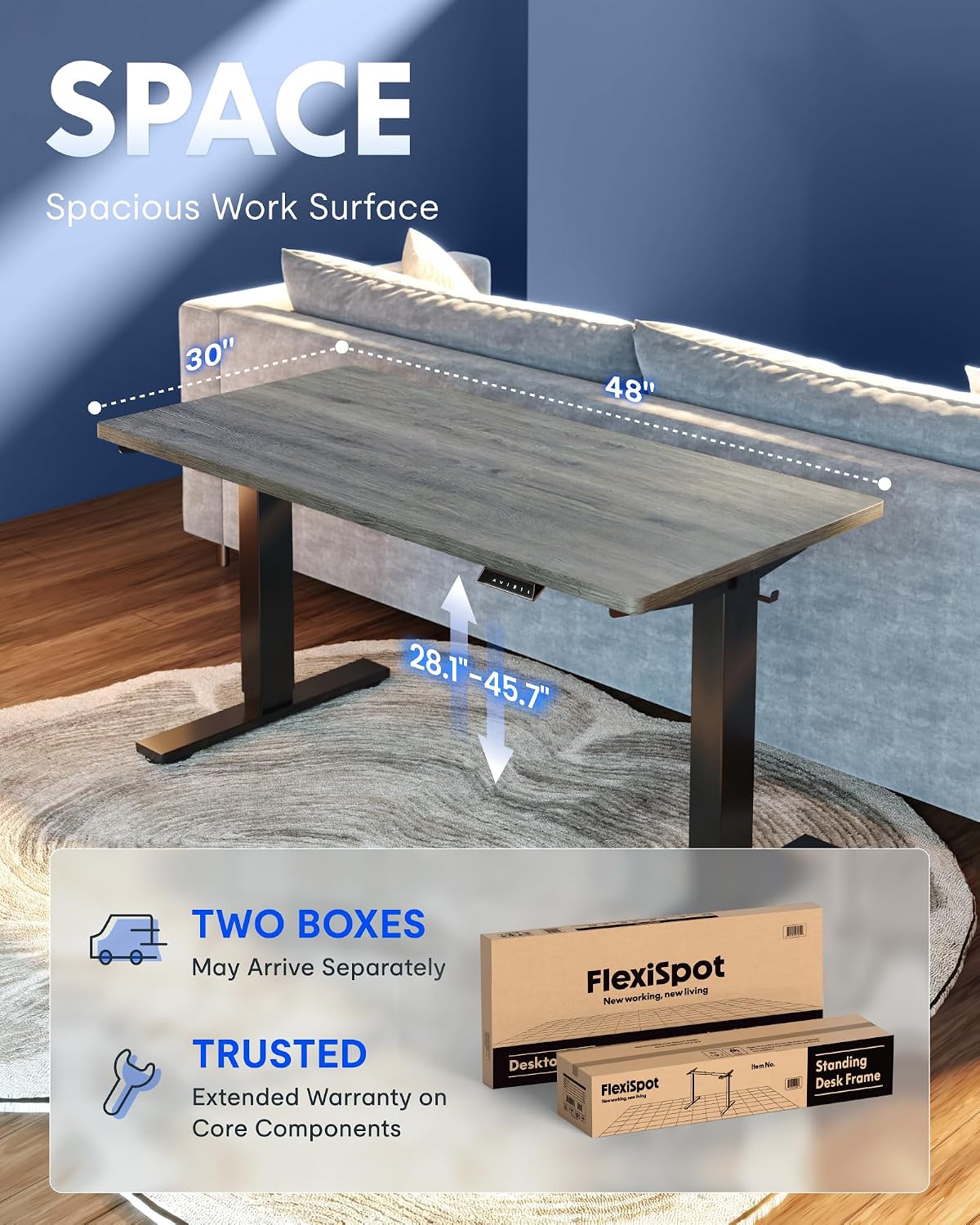 FLEXISPOT EN1 One-Piece Standing Desk, Electric Adjustable with 4 Memory Presets, 176 LBS Capacity, Stable & Quiet
