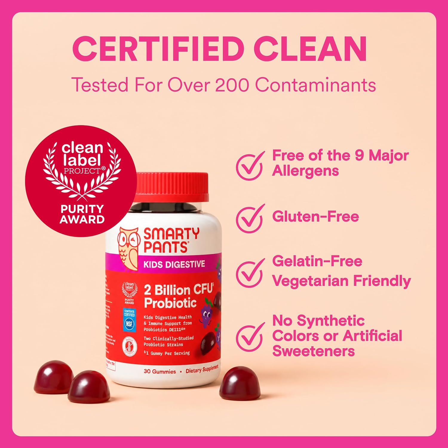 SmartyPants Kids Probiotic & Prebiotic Gummies for Digestive Health: Gut Health Supplement, Clinically Studied Prebiotic for Immune Support, Strawberry, 60 Count (30 Day Supply)