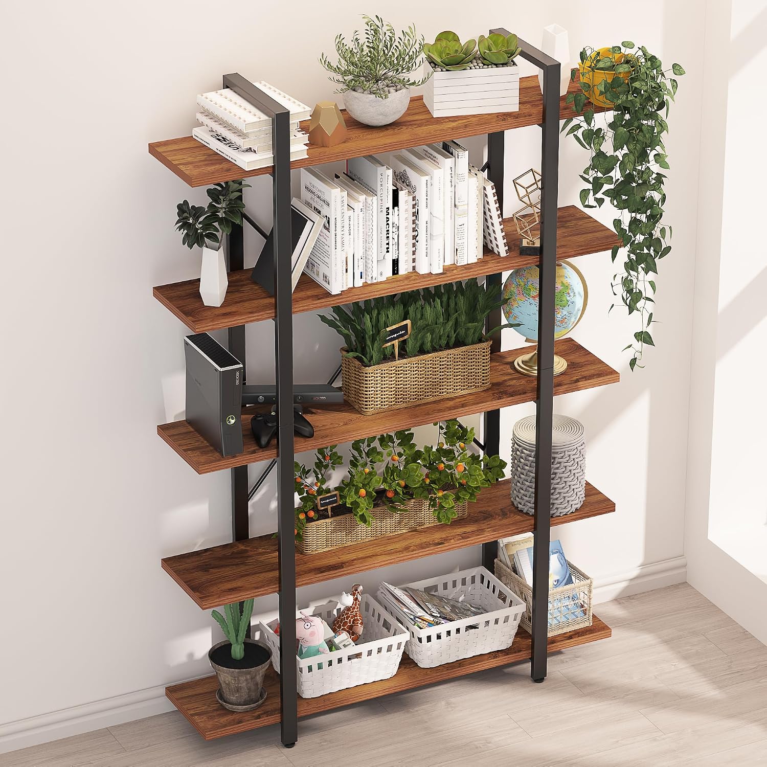 BATHWA Wood and Metal Minimalist 5 Tier Bookshelf, 6 feet Tall Open Rustic Wide Bookcase Industrial Style