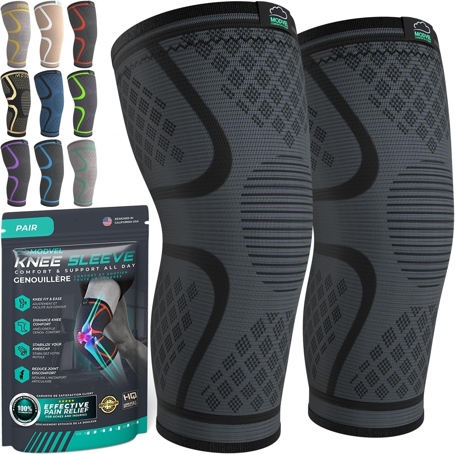 Modvel Compression Knee Brace for Women & Men - 2 Pack Knee Brace for Women Running Knee Pain, Knee Support Compression Sleeve