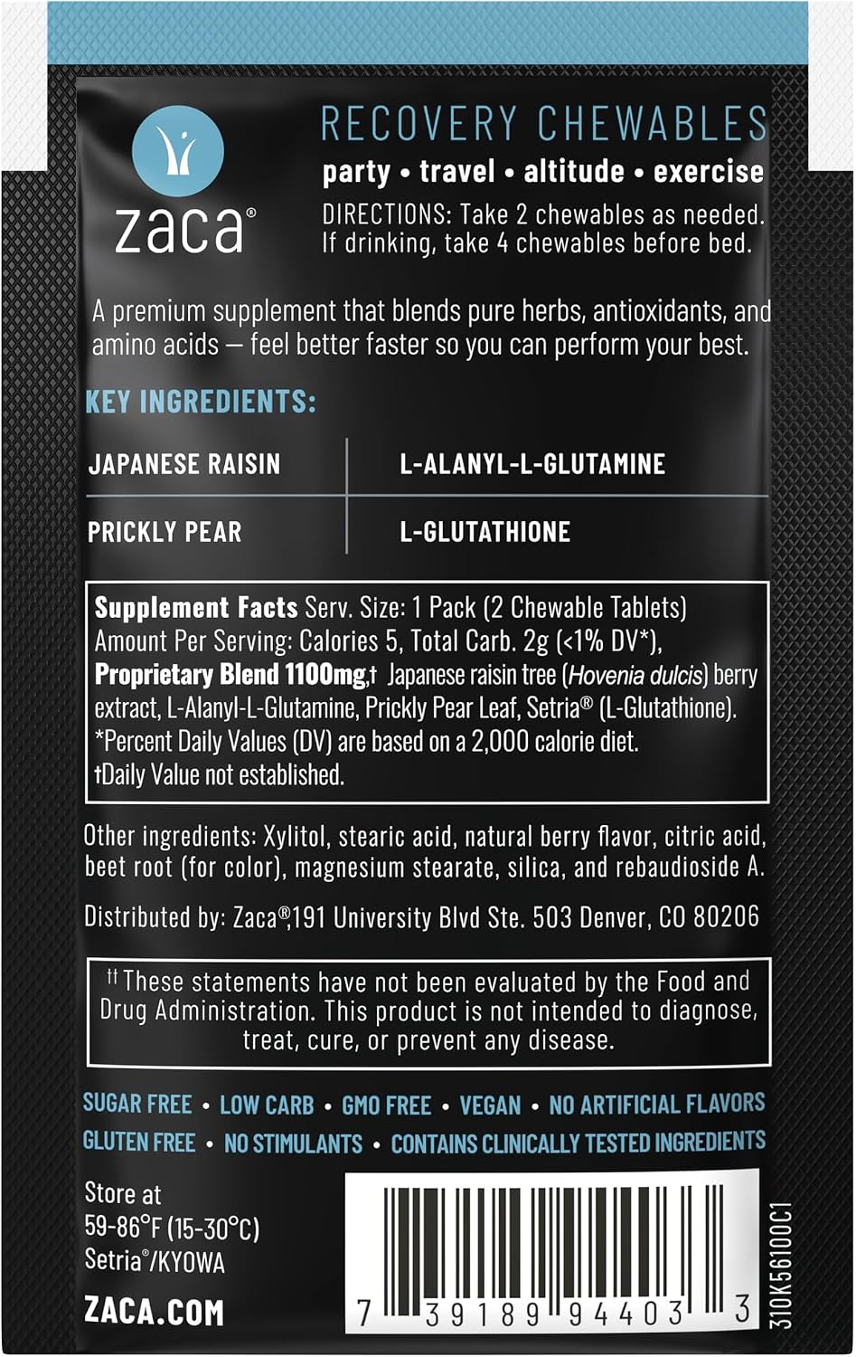 Zaca Recovery Chewable Supplement | Hydrate + Revive | 6 Packs = 12 Tablets | Party, Travel, Exercise & Altitude | Sugar Free, Gluten Free, Artificial Ingredients Free
