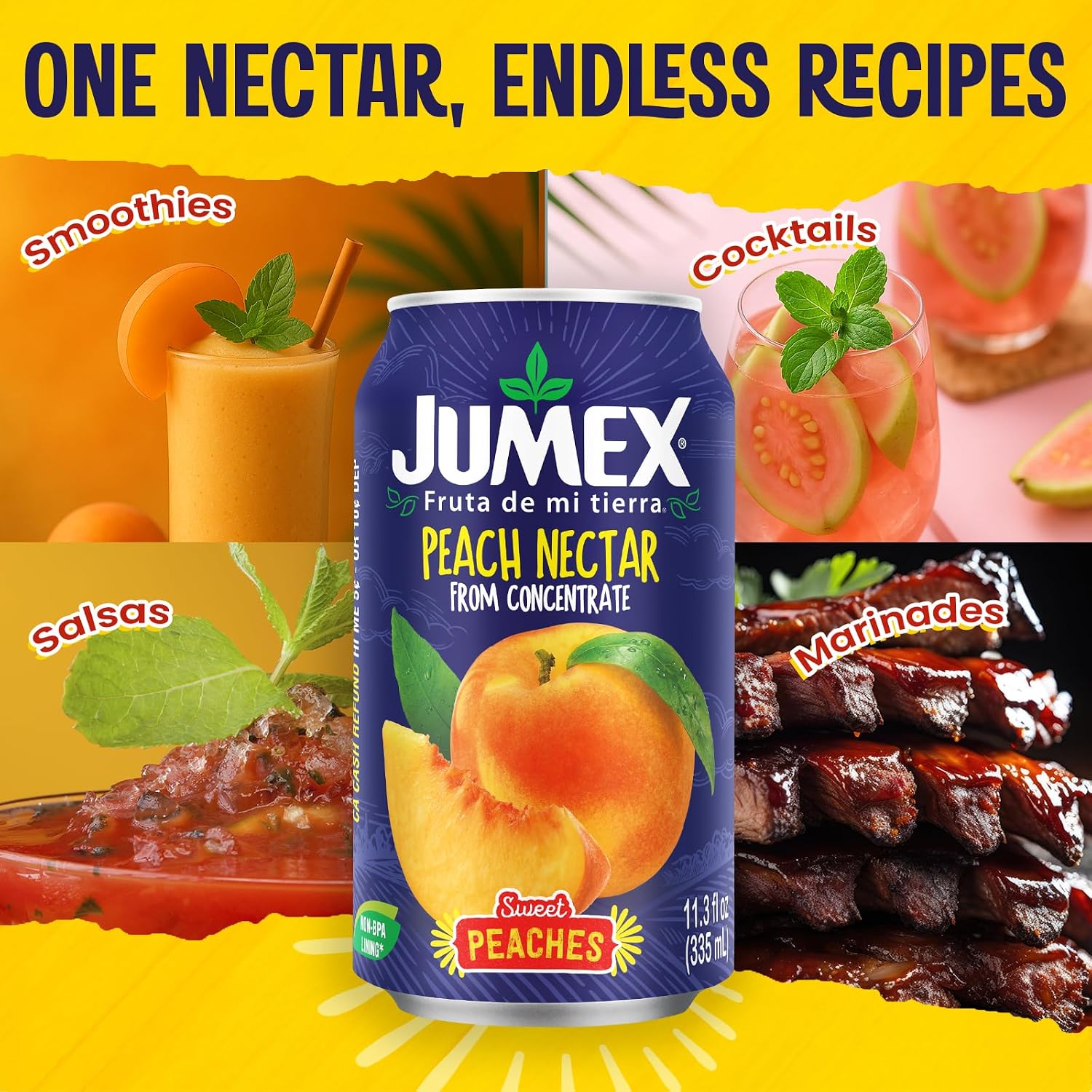 Jumex Mango Nectar Juice & Peach Nectar - Made with Fresh Fruit Puree - Tropical Fruit Juice Concentrate for Smoothie Mix, Cocktail Mixers & Kids Beverages - 11.3oz, 12 Pack Canned Drinks