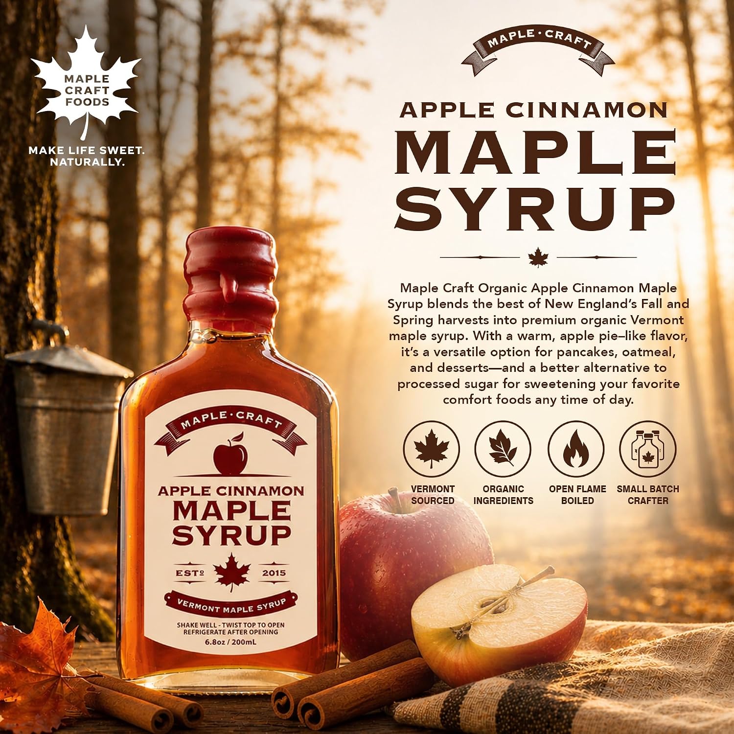 Maple Craft Foods Salted Caramel Maple Syrup – Organic Vermont Maple Syrup with Natural Caramel Flavor & Salt, Gourmet Flavored Syrup for Pancakes, Coffee, Baking and Desserts, 6.8 oz
