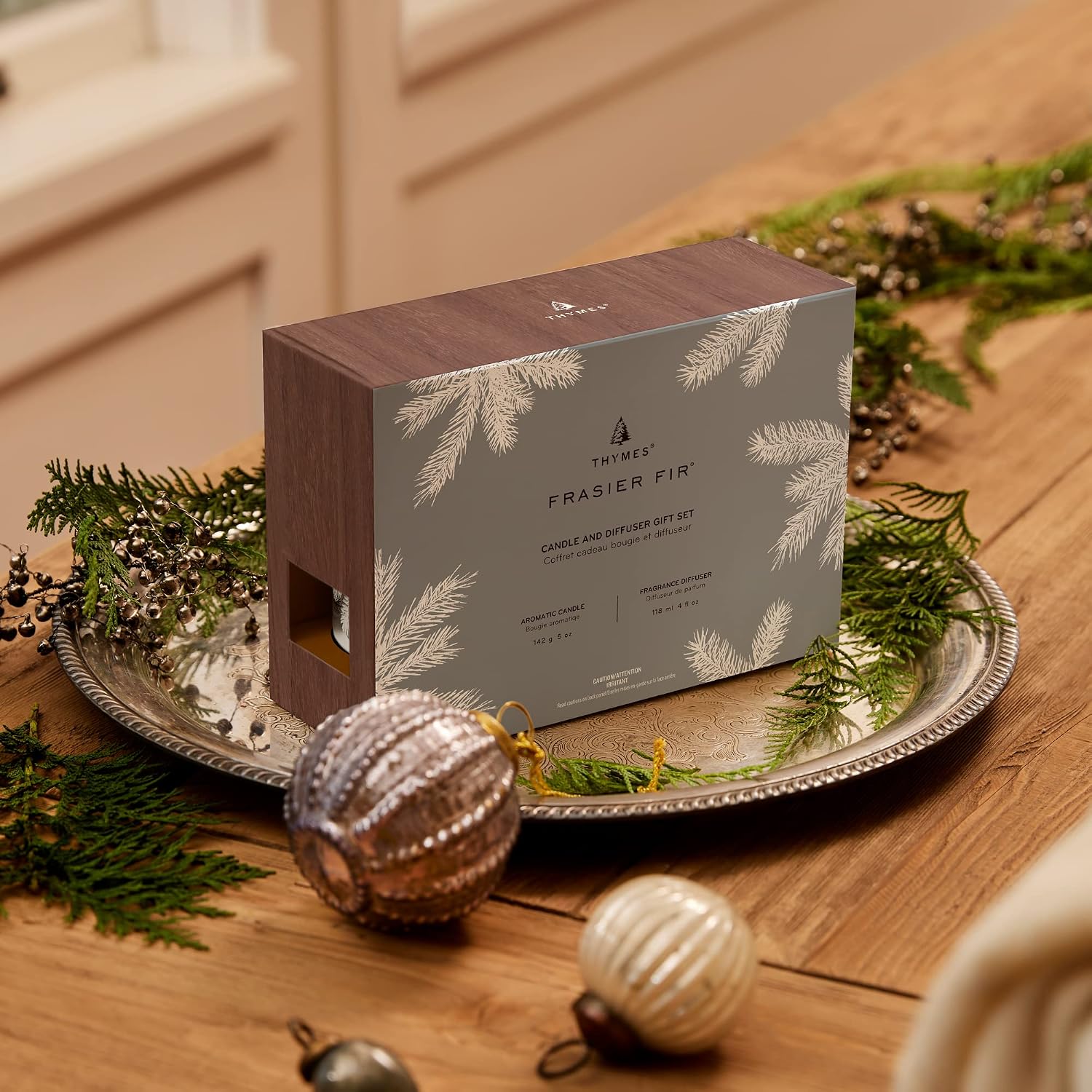 Thymes Frasier Fir Candles - Statement Collection - Silver with Pine Needle Design - Scented Candles for Home Decor - Notes of Siberian Fir Needles, Cedarwood & Sandalwood - Large 4 Wick (40 oz)