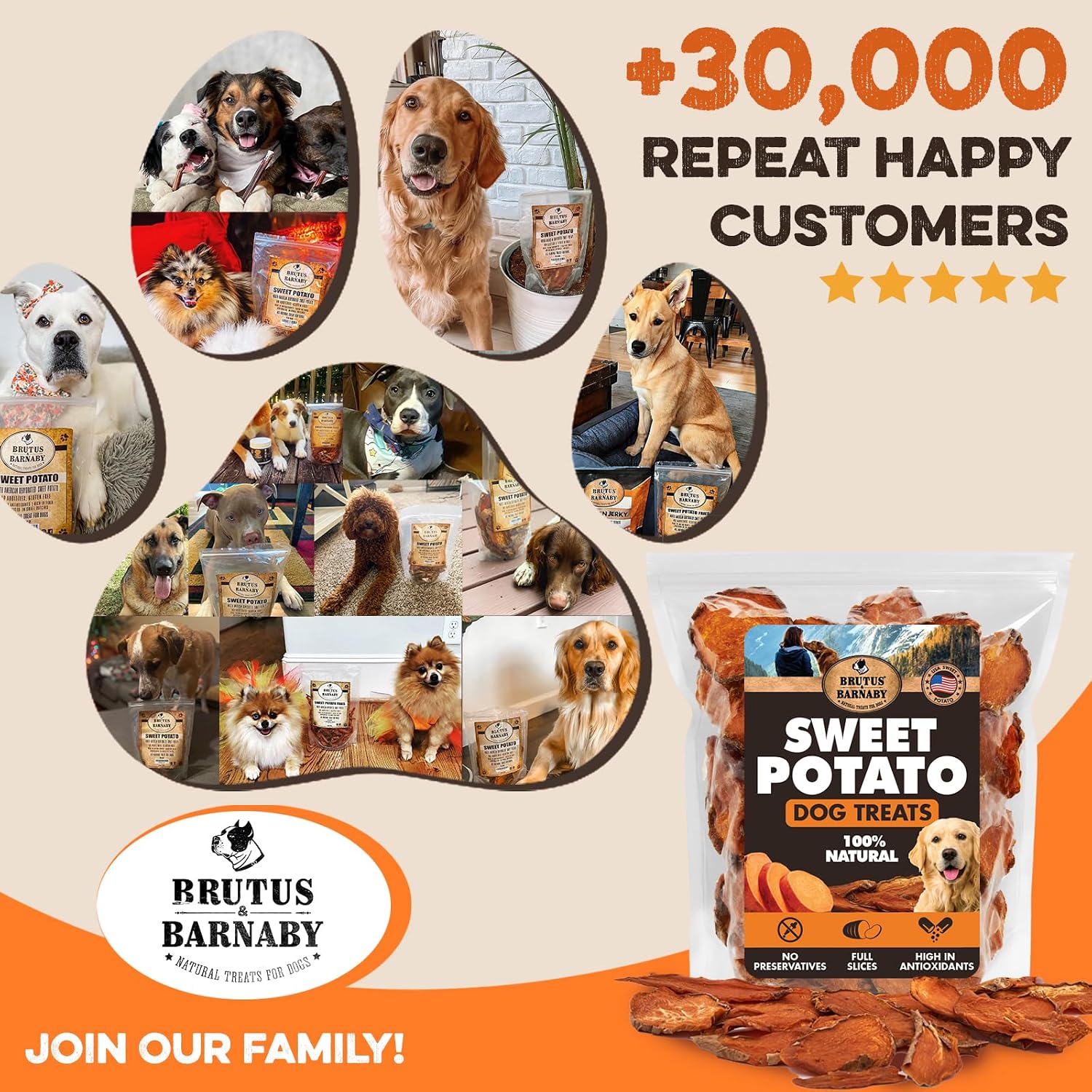 BRUTUS & BARNABY Dried Sweet Potato Dog Treats & Chews, Full Slices, 14 oz | Single ingredient, healthy, hypoallergenic; gentle on sensitive stomachs. Made in USA, thick cut for large breeds