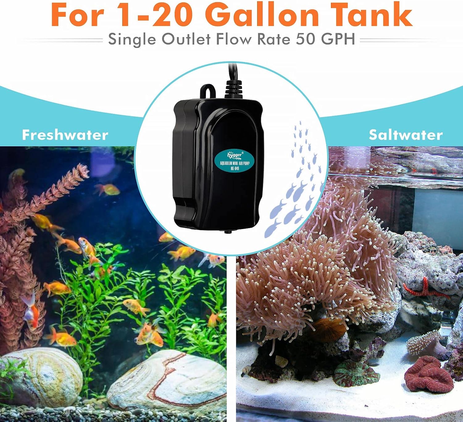 hygger Mini Aquarium Air Pump Kit Small Fish Tank Air Pump 1W for 2-20 Gallon Fish Bowl with Air Tube Air Bubbler Stone Check Valve