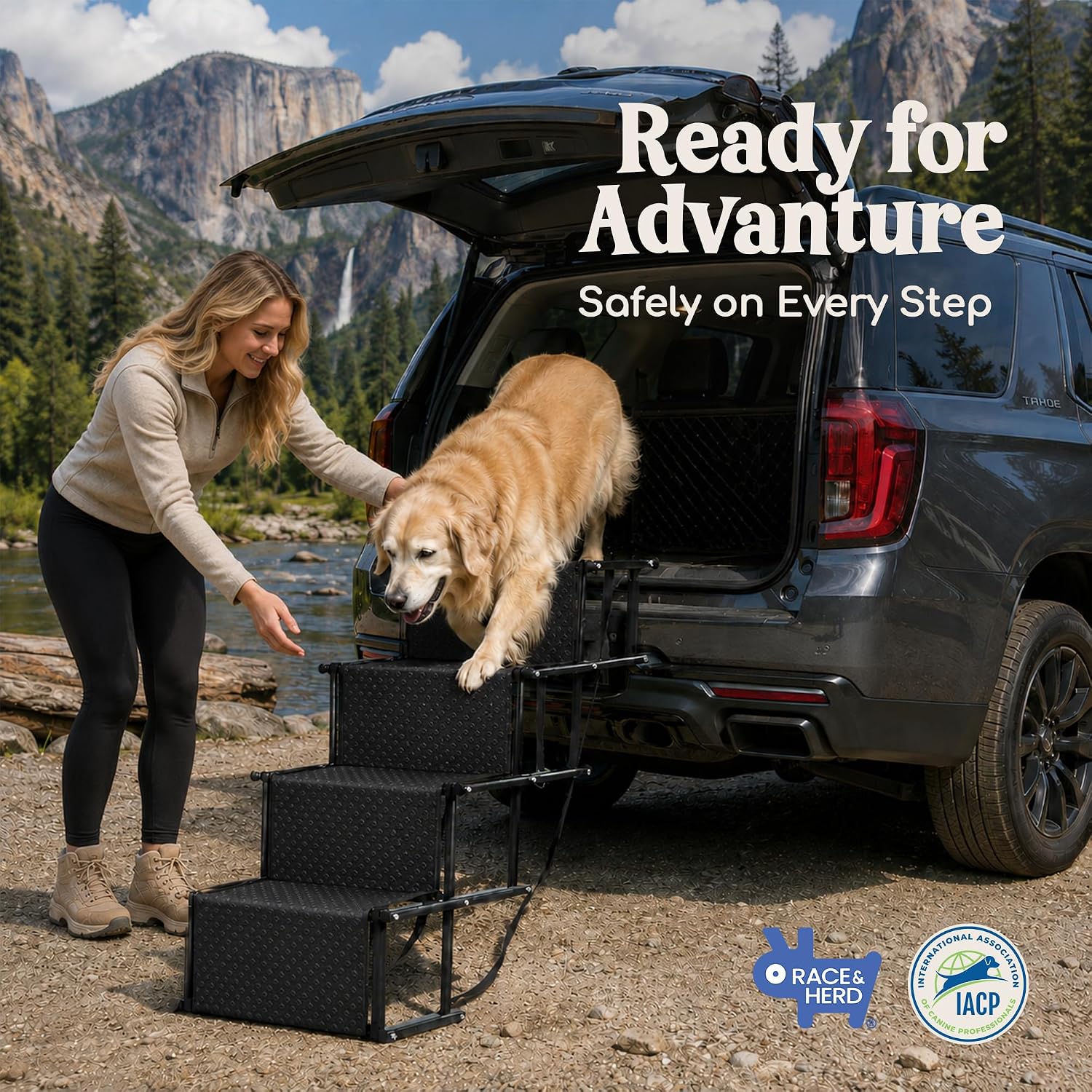 Race&Herd 18.5" Stairs for Dogs to Get in Car — Folding Dog Steps (Onyx) | Dog Stairs for Large Dogs